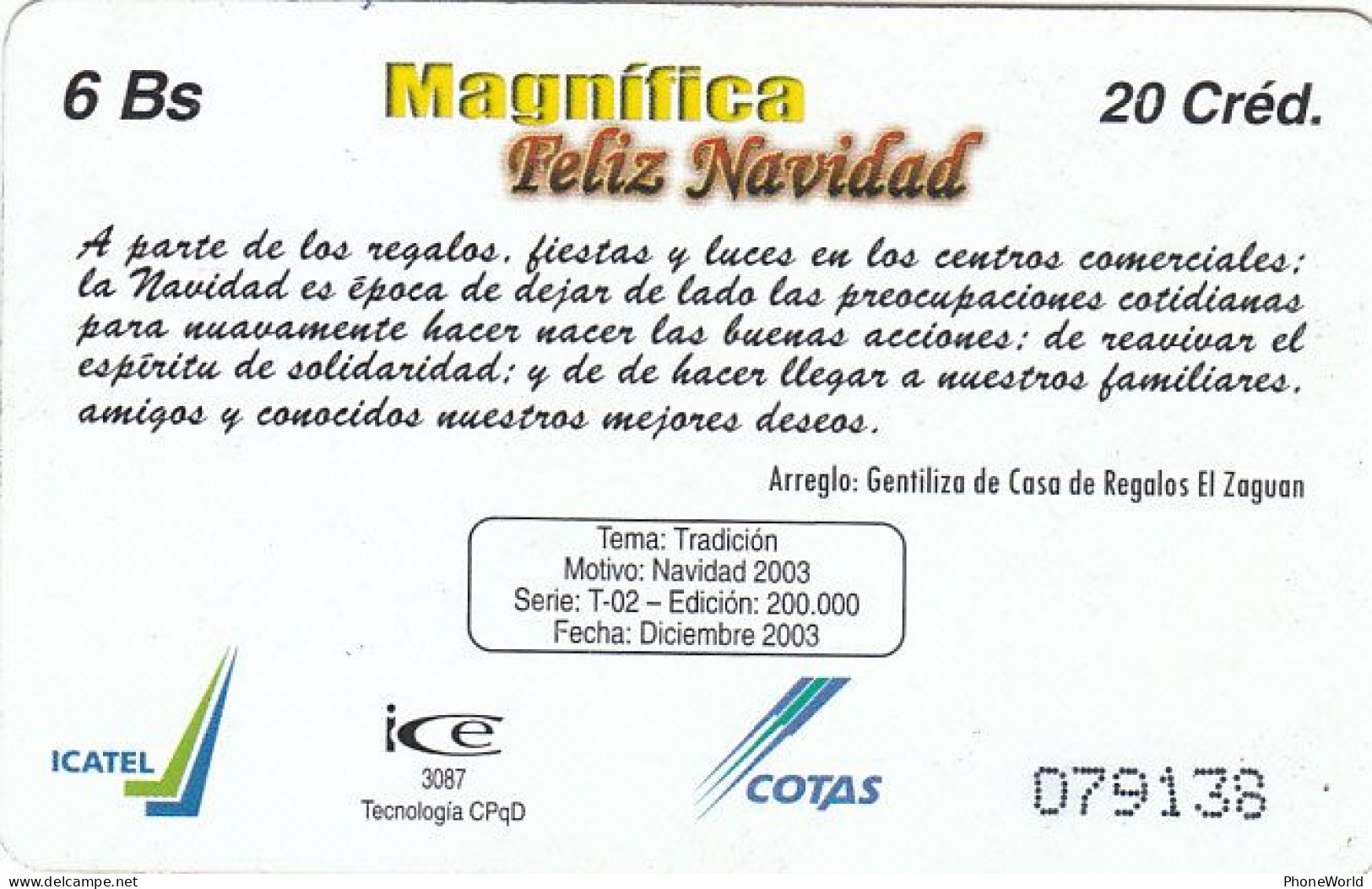 Bolivia, Magnifica, Feliz Navidad 2003, Christmas - Bolivia