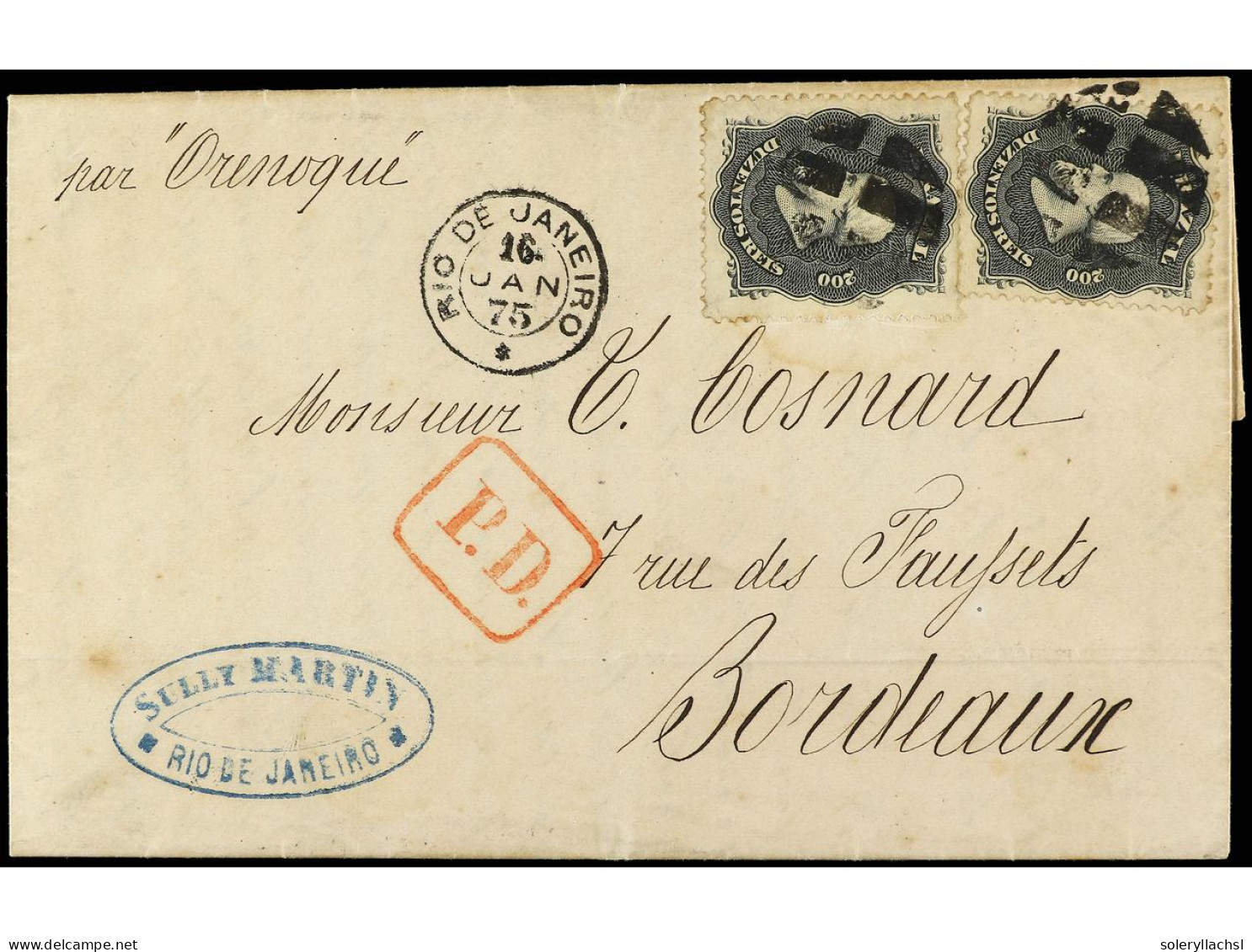 BRASIL. 1875. RIO DE JANEIRO A BURDEOS. 200 R. (2). PRECIOSA. Yv.28. - Autres & Non Classés