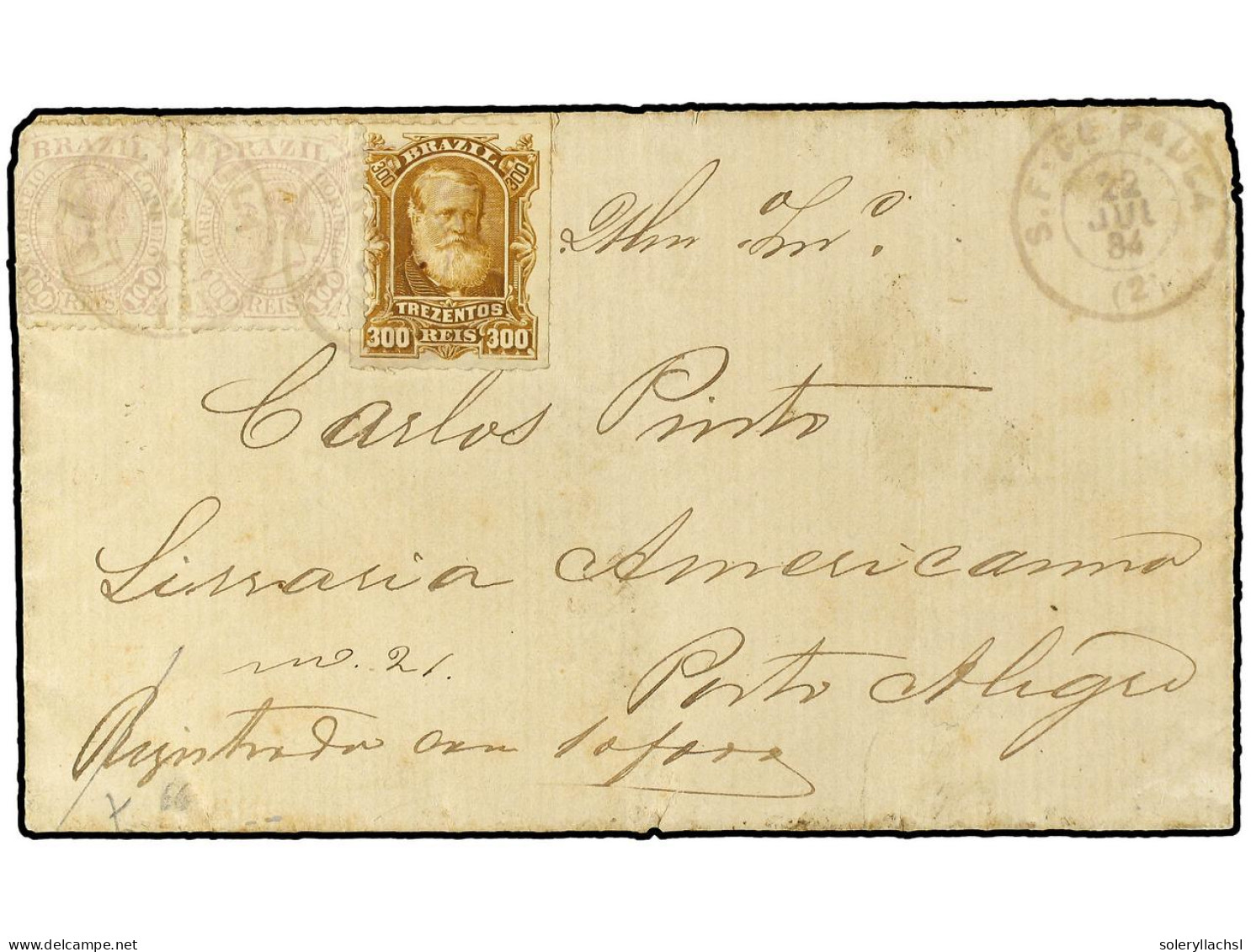 BRASIL. 1884 (July 22). Registered Entire Letter To PORTO ALEGRE Franked By Dom Pdero Rouletted 1878 300 R.bistre And Pa - Sonstige & Ohne Zuordnung