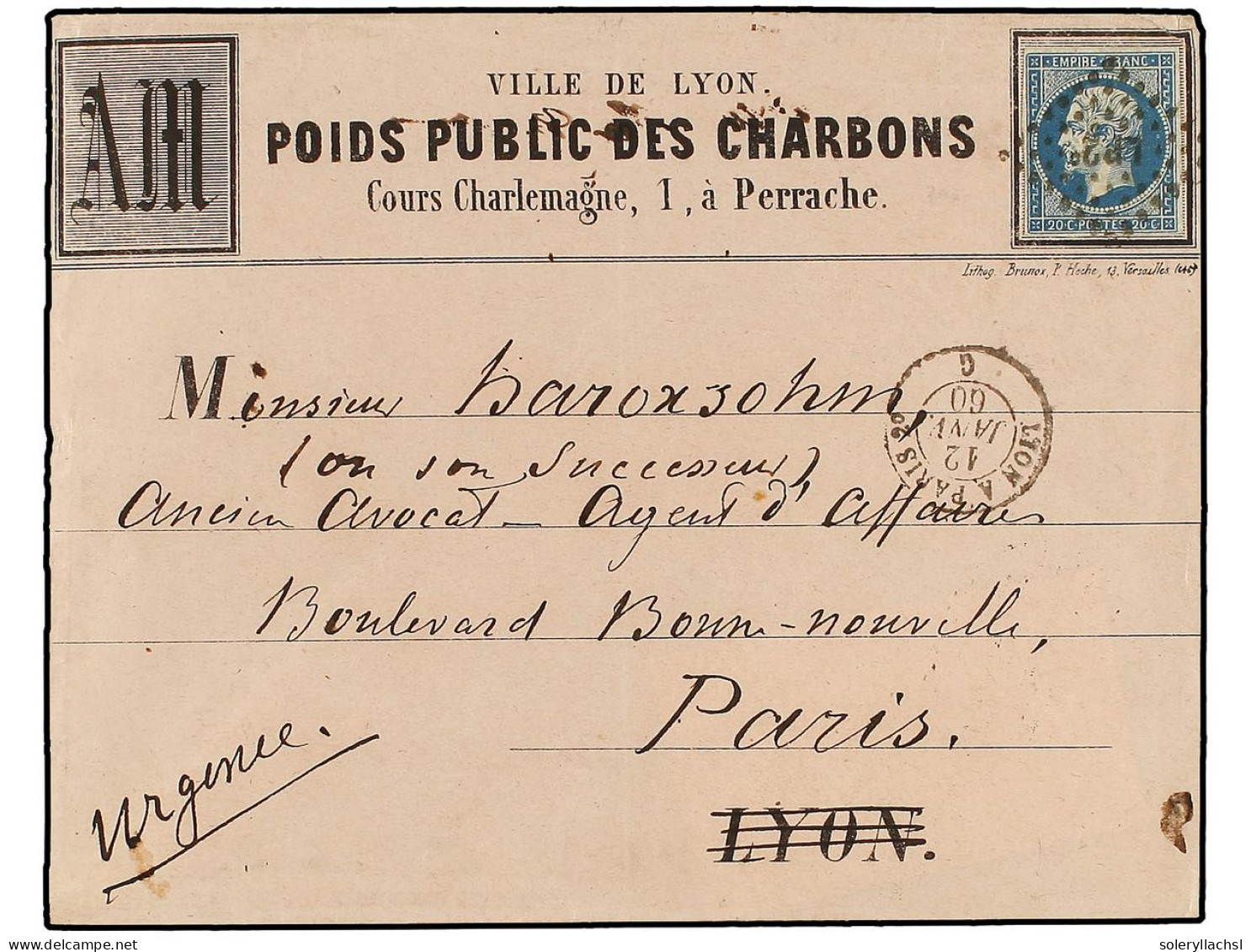 FRANCIA. 1860. LYON A PARÍS. 20 Cts. Azul Con Publicidad Impresa A.M. POIDS PUBLIC DES CHARBONS. Muy Raro, Uno De Los So - Other & Unclassified