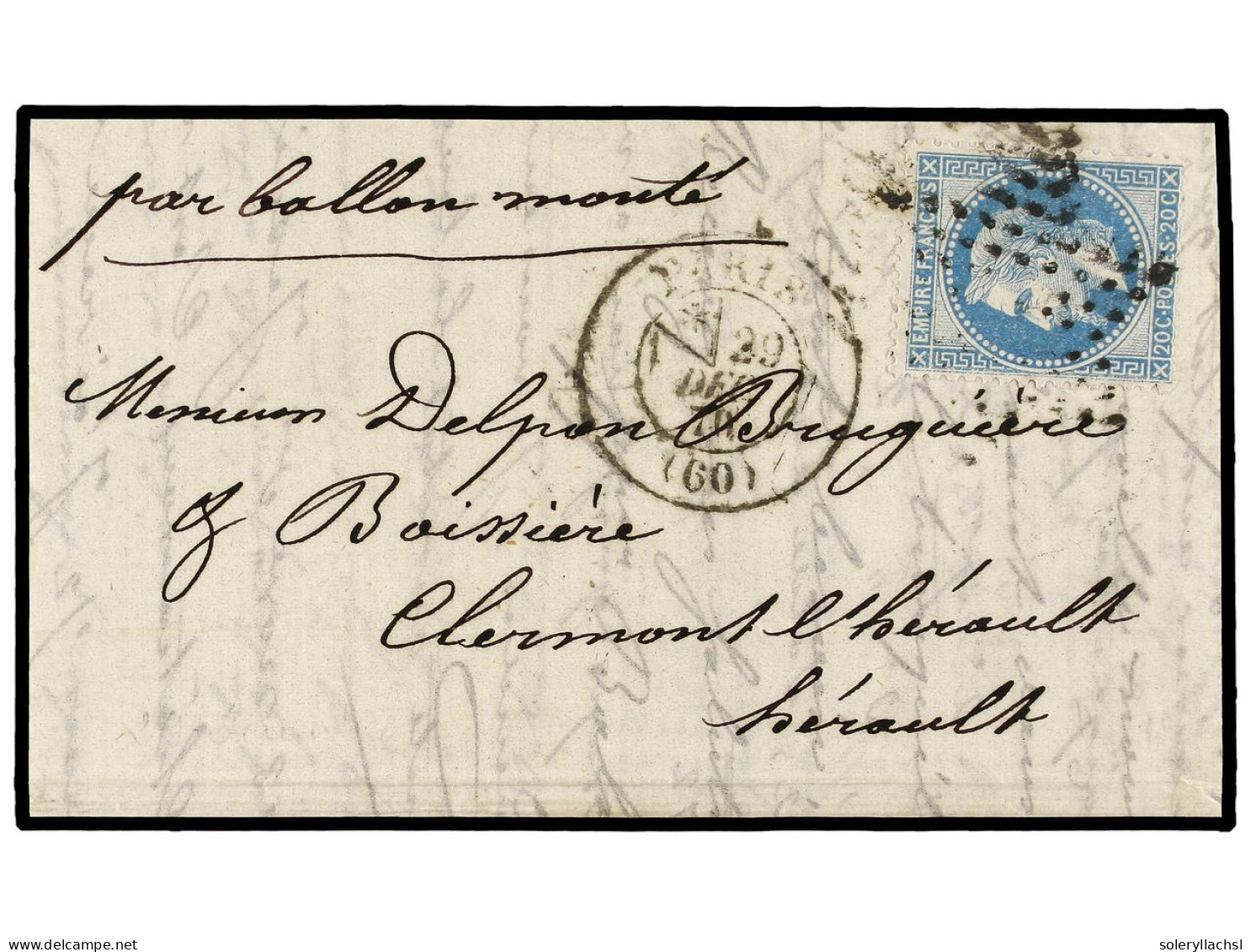 FRANCIA. 1870 (Dec. 29). PARIS To CLERMONT L'HERAULT. BALLOON 'L'ARMEE DE LA LOIRE'. Entire Letter Franked With 20 Cts.  - Other & Unclassified