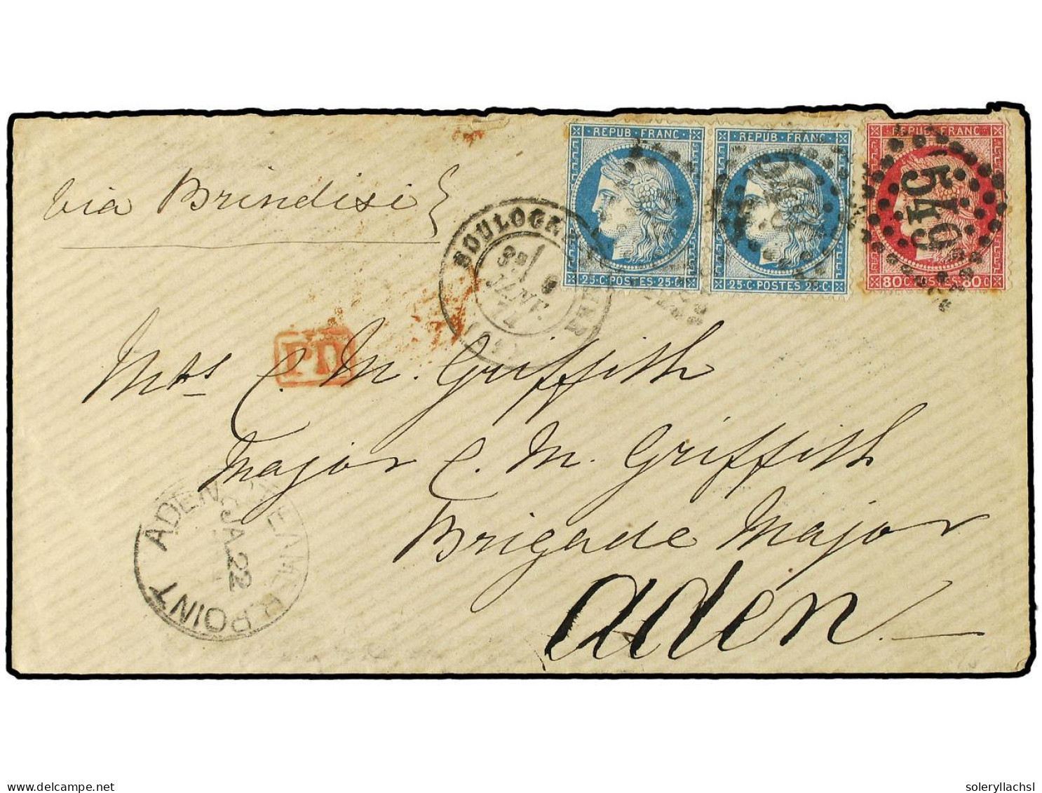 FRANCIA. 1874 (Jan 9). Cover From Boulogne Via Brindisi To Aden, Franked By 1871-75 25c. Blue (2) And 80c. Carmine Tied  - Other & Unclassified