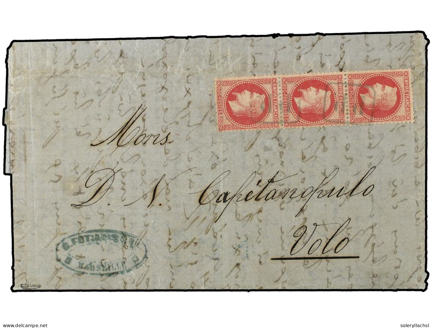 LEVANTE: CORREO FRANCES. 1872 (June 22). Entire Letter From Marseille To Volo Franked By 1867 80c. Carmine Rose In A Ver - Sonstige & Ohne Zuordnung