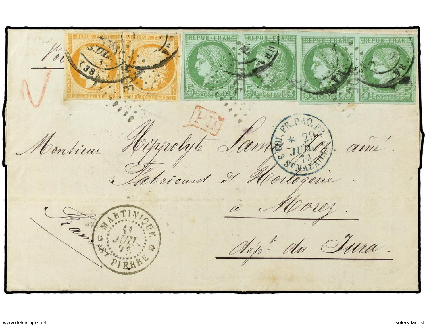 MARTINICA. 1873 (July 11). Entire Letter To France At Double Rate Bearing 1871-72 40c. Orange On Yellowish (2) And 1872- - Other & Unclassified