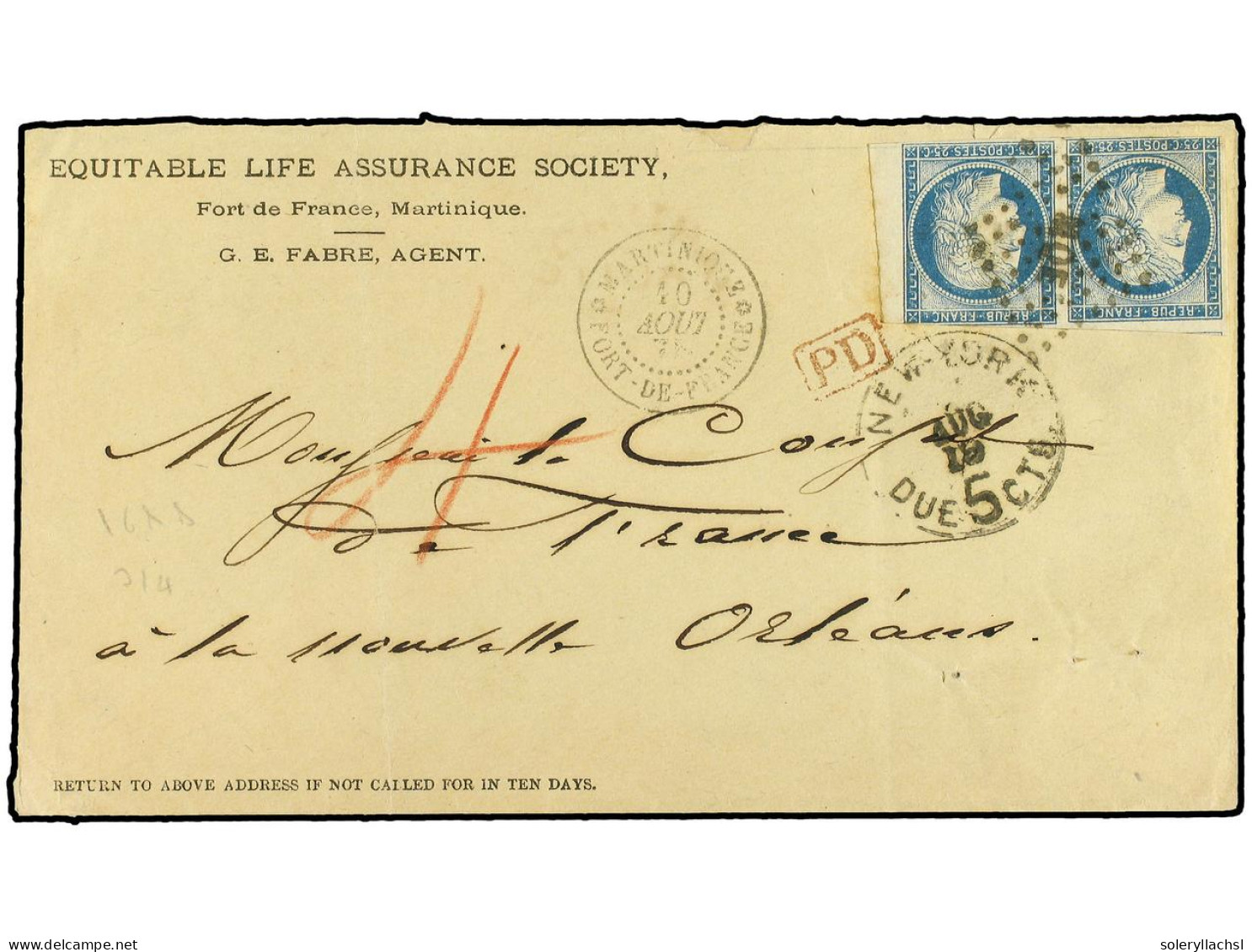 MARTINICA. 1875. BRITISH POST OFFICE. Envelope To New Orleans, United States Bearing French General Colonies 25 Cents Bl - Sonstige & Ohne Zuordnung