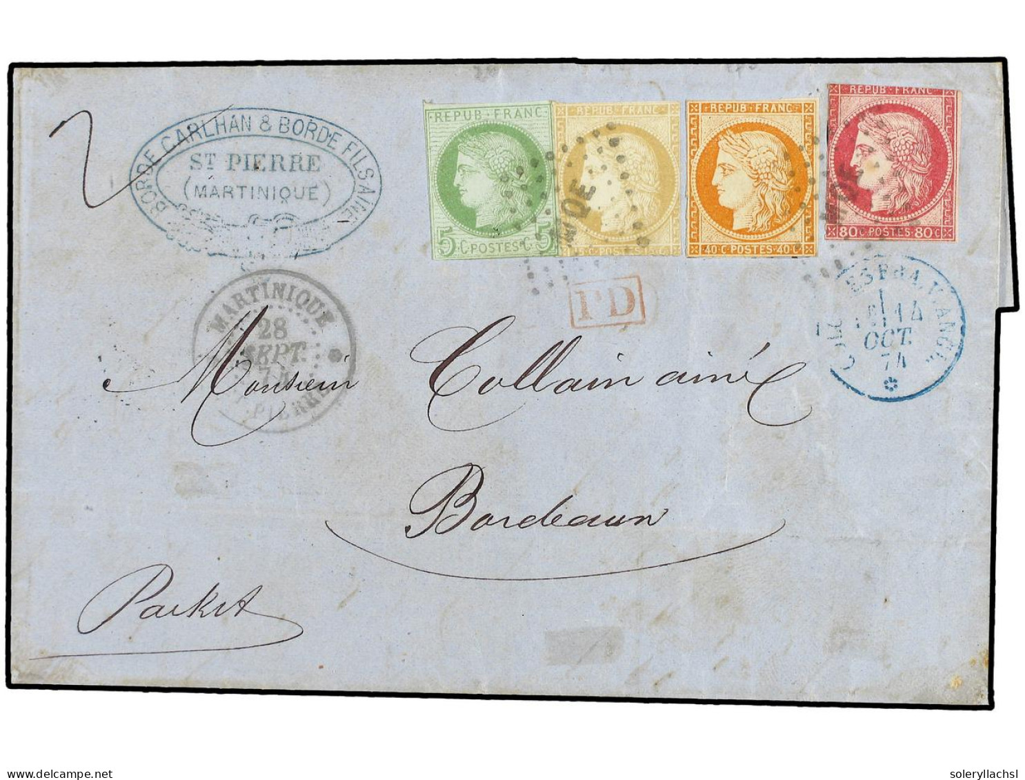 MARTINICA. 1874 (Sept 28). Double Rate Cover From ST. PIERRE To BORDEAUX Bearing Most Unusual Usage Of French 1871-73 Pe - Other & Unclassified