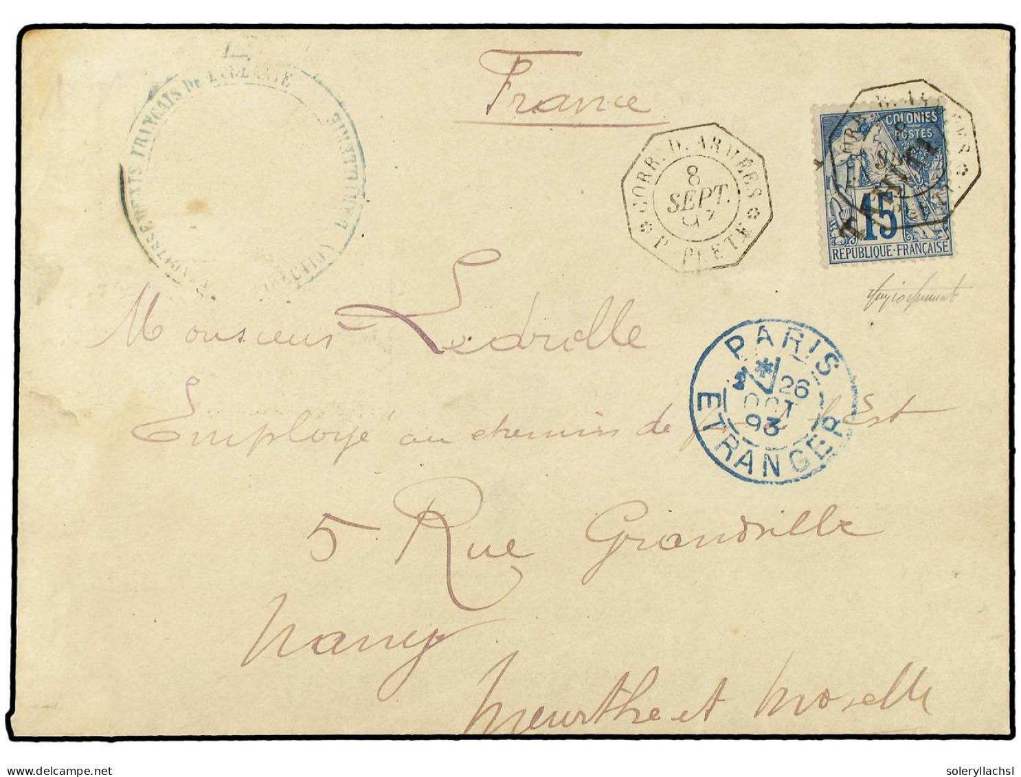 TAHITI. 1893 (Sept 8). Cover To Nancy At Concessionary Soldier's Rate, Franked By Diagonally Surcharged (reading Up To R - Other & Unclassified