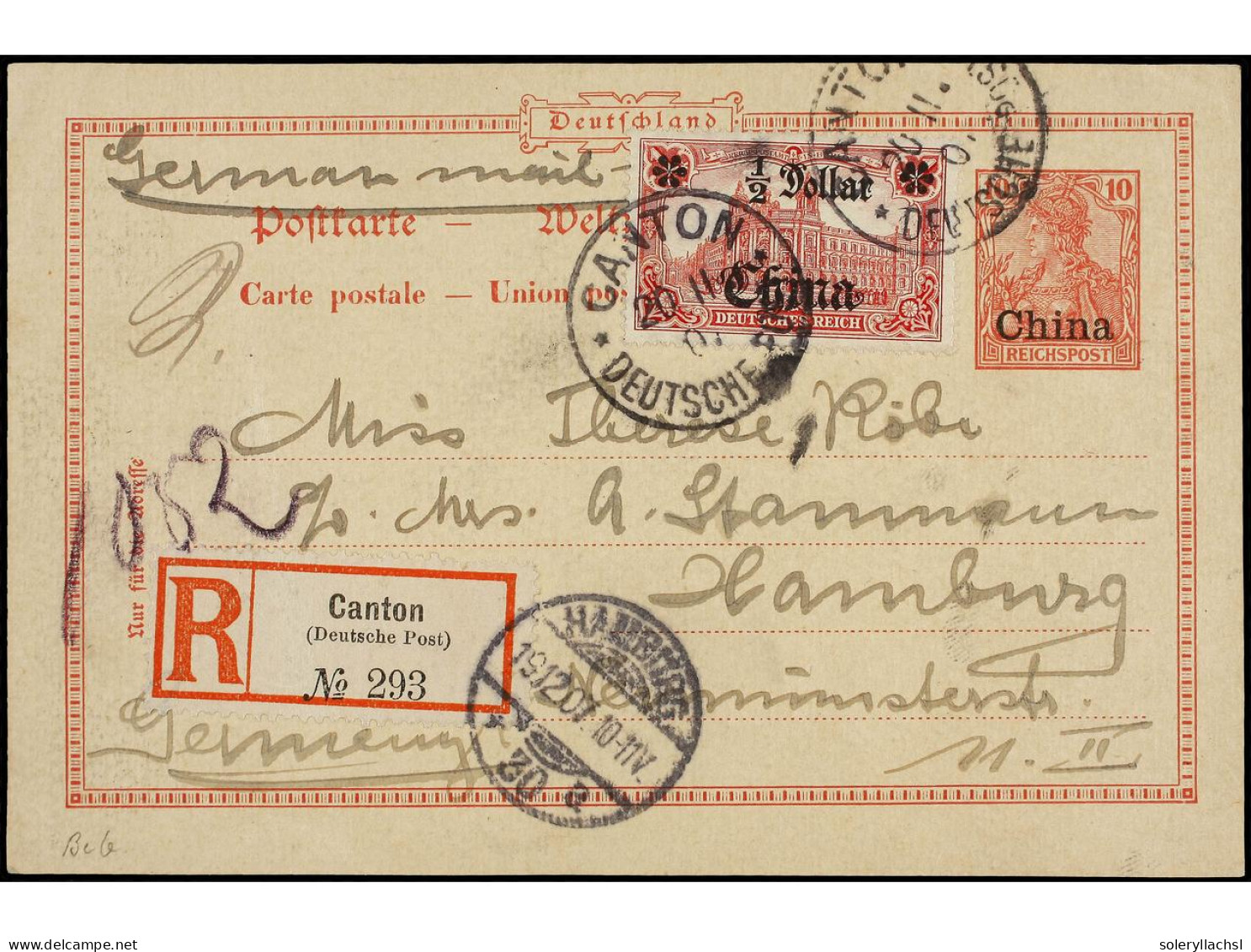 CHINA. 1907. CANTON To HAMBURG. 10 Pf. Red German Postal Stationary Card Uprated With 1/2 Dollars On 1 Mk. Stamp. Sent R - Sonstige & Ohne Zuordnung