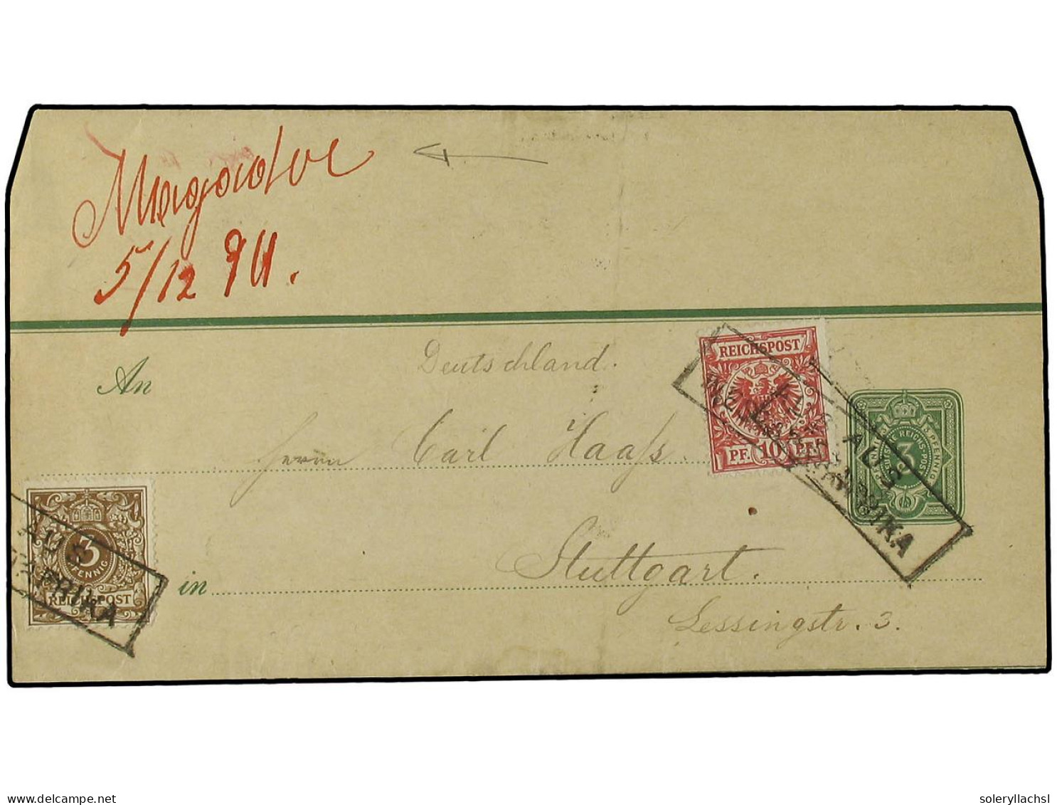 MARRUECOS ALEMAN. 1894 (Dec 5). 3pf. Green Postal Stationery Newspaper Wrapper Used From Mogador (Essaouria) To Stuttgar - Sonstige & Ohne Zuordnung