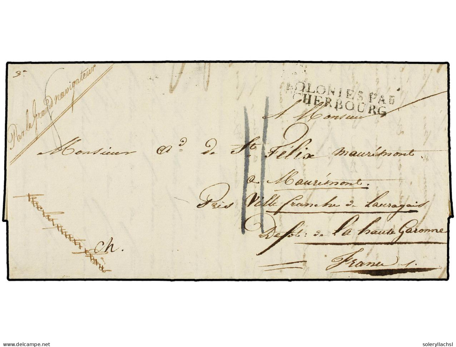 MAURICIO. 1823 (Janvier 12). SAVANNE. ILE MAURICE To VILLEFRANCHE. Entire Letter With COLONIES PAR/CHERBOURG Entry Mark  - Other & Unclassified