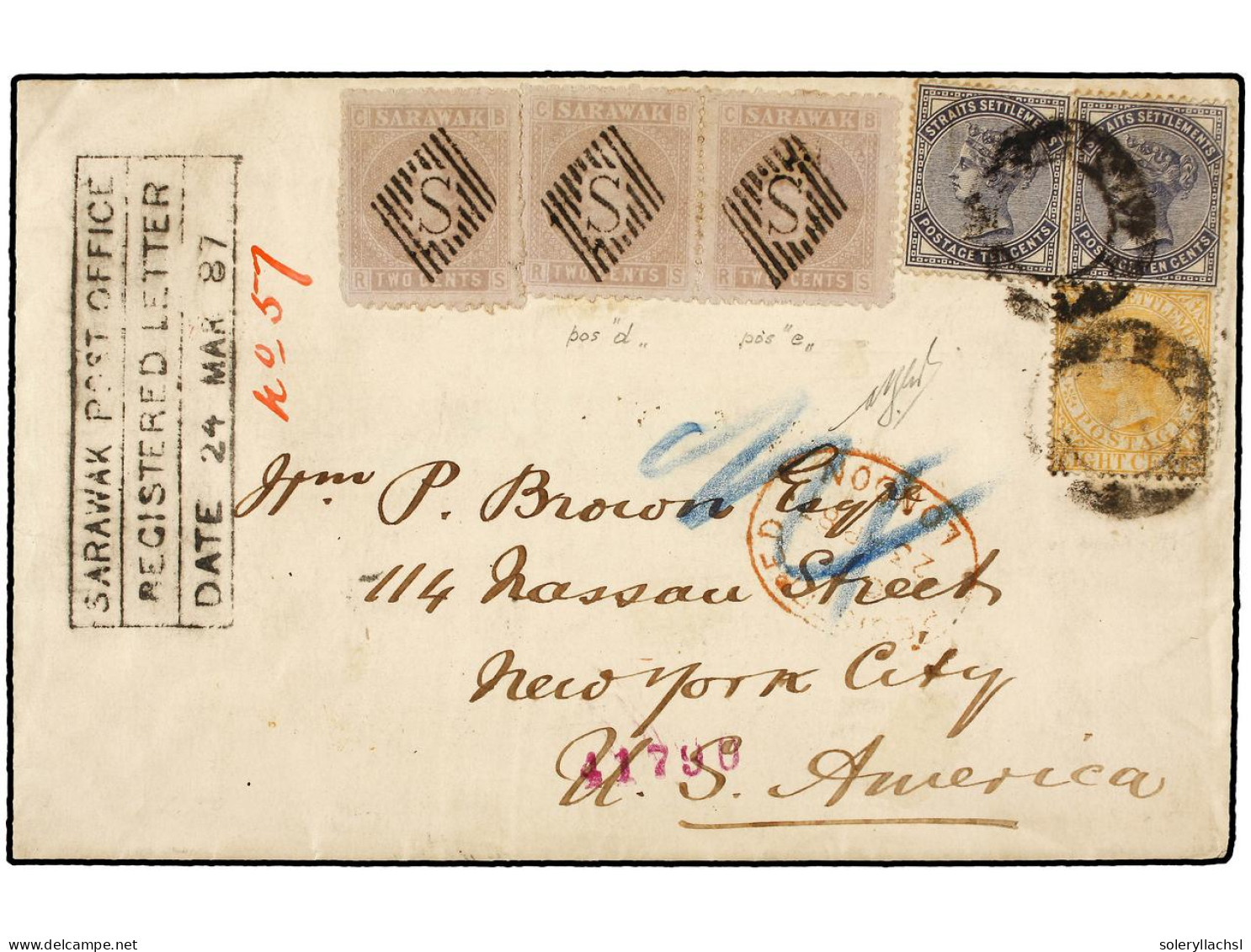 SARAWAK. 1887 (24 Marzo). SARAWAK To NEW YORK Registered Envelope Bearing 1875 2 Cts. Lilac Strip Of Three Cancelled By  - Other & Unclassified