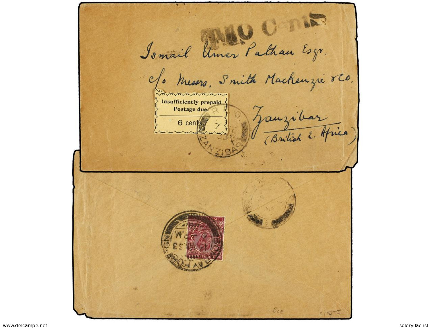 ZANZIBAR. 1933. Underpaid Cover From INDIA Franked On Reverse With 2a. Purple Tied By BOMBAY FOREIGN Cds (Jan 13), Front - Autres & Non Classés