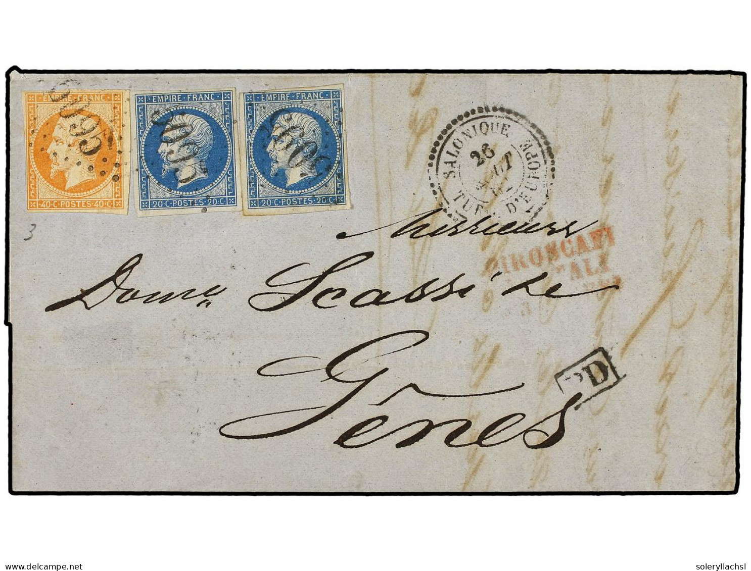 GRECIA. 1862 (Aug 26). Cover To GENOA Franked By 1853 20c. Blue (2) And Single 40c. Vermilion Tied By 5095 Gros Chiffres - Sonstige & Ohne Zuordnung