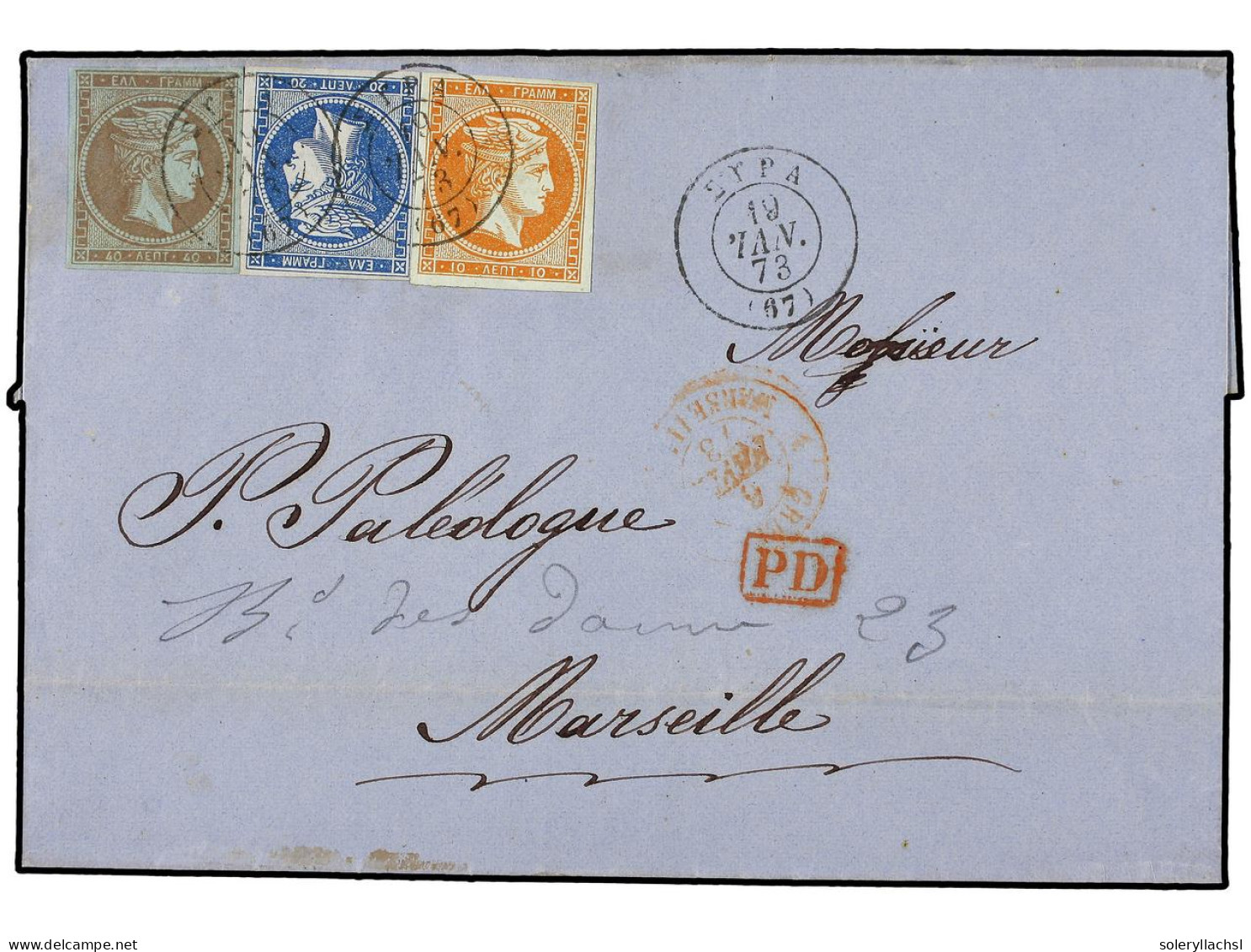 GRECIA. 1873 (Jan). Outer Letter Sheet From Syra To Marseille With Attractive Three Colour Franking Of 1870-72 10l. Oran - Sonstige & Ohne Zuordnung