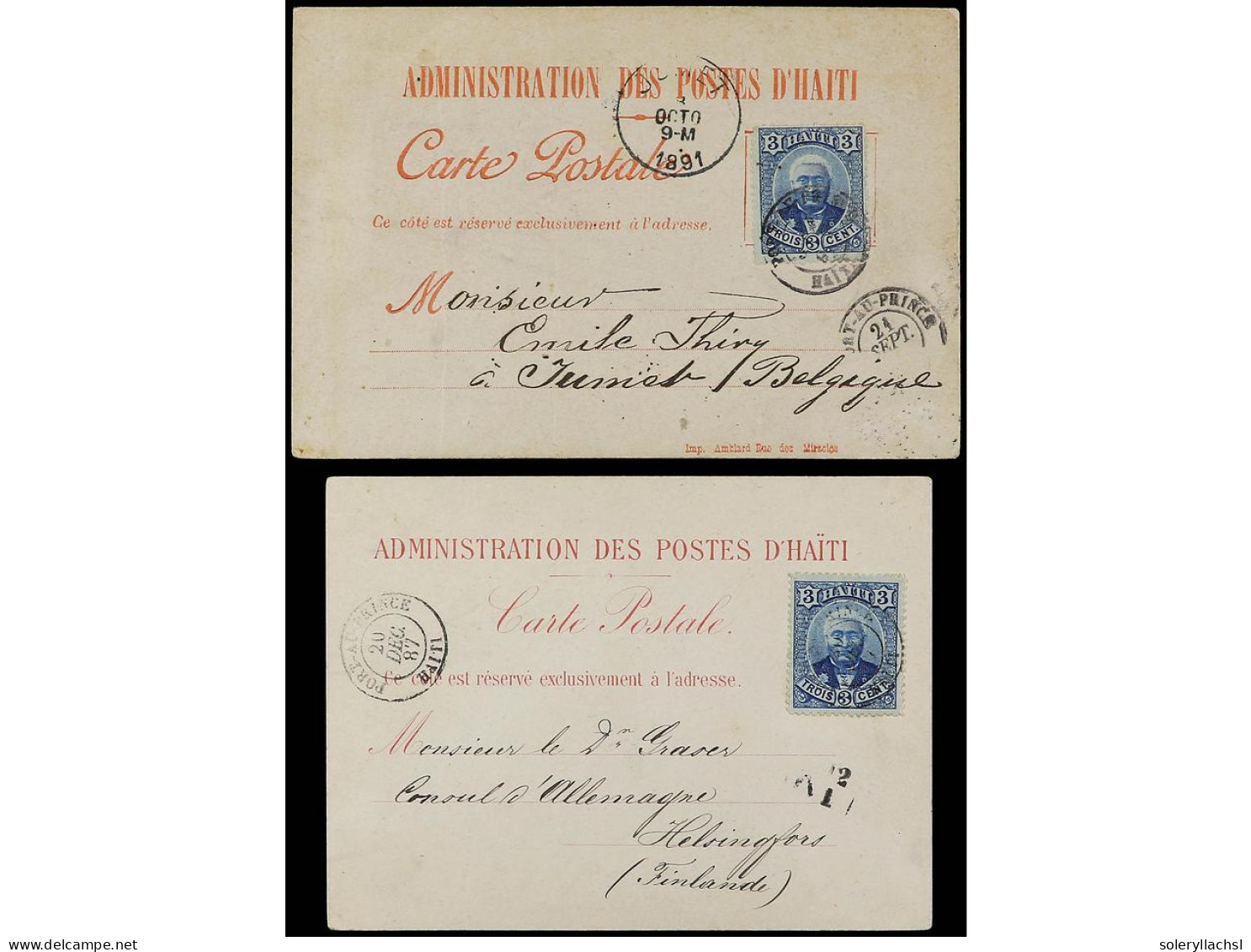 HAITI. 1887-91. 2 Postal Cards To Belgium And Finland With 3 Cent. Stamps. - Sonstige & Ohne Zuordnung