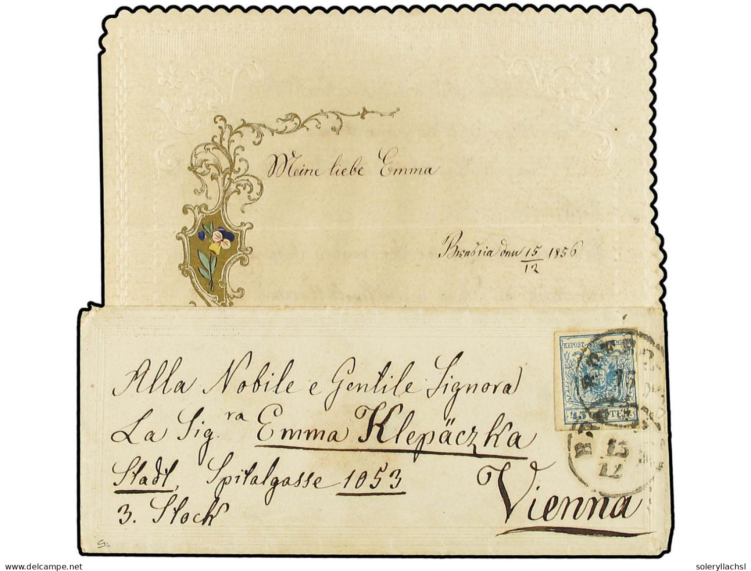 ITALIA ANTIGUOS ESTADOS: LOMBARDO-VENECIA. 1856 (Dec 15). Embossed Decorative Ladies' Envelope To VIENNA, With Complete  - Sonstige & Ohne Zuordnung