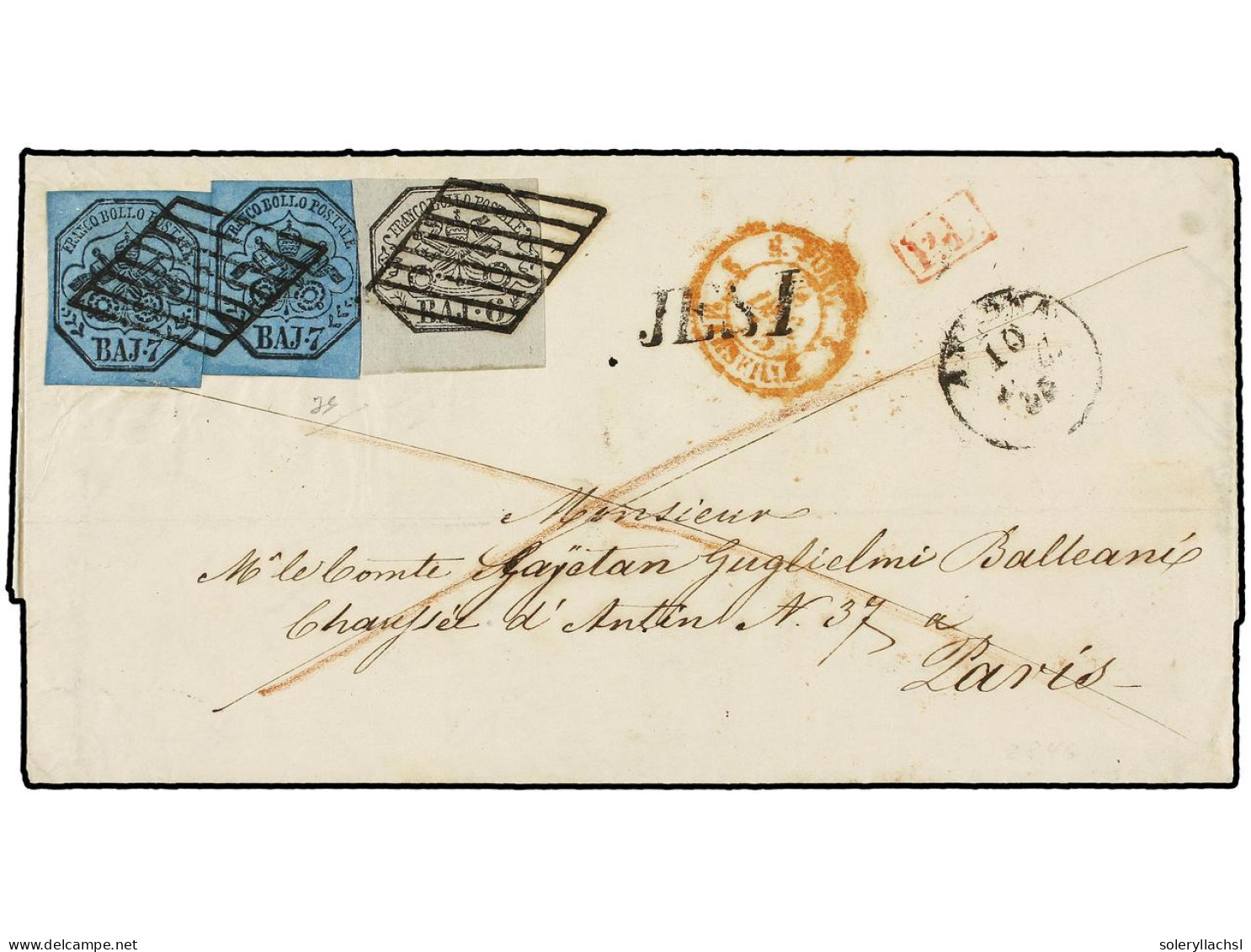 ITALIA ANTIGUOS ESTADOS: ESTADOS PONTIFICIOS. 1855. JESI A PARÍS. 6 Baj. Gris Y 7 Baj. Azul (2). Excepcional Calidad. Sa - Sonstige & Ohne Zuordnung