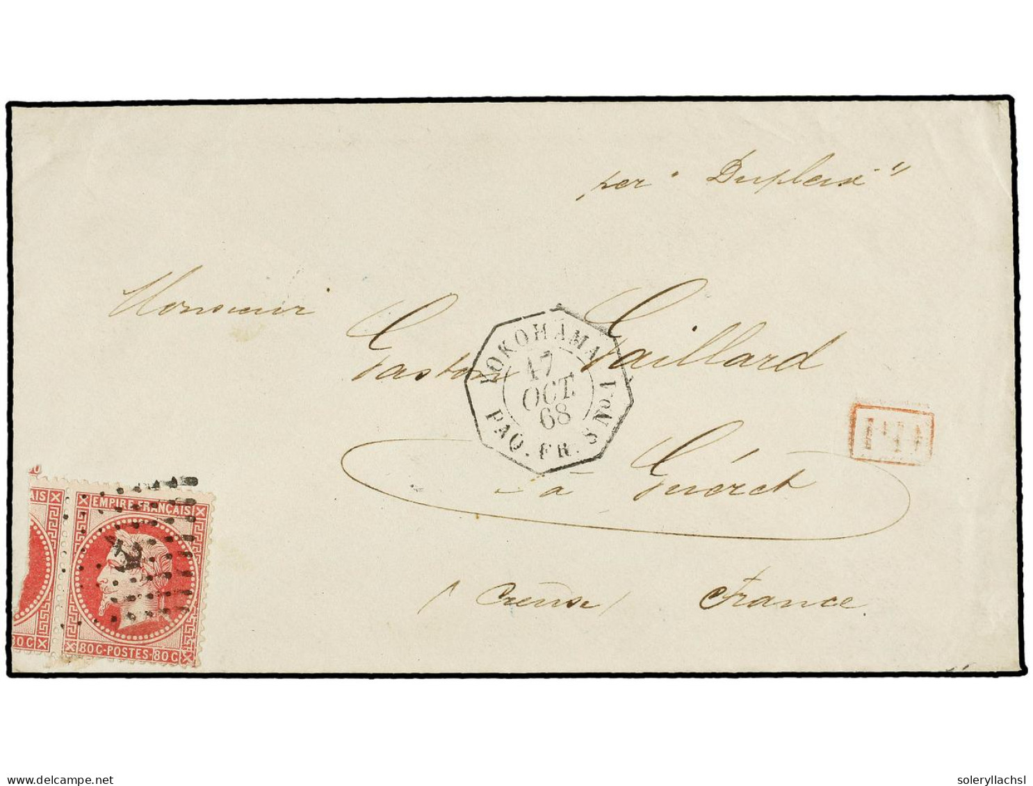 JAPON. 1868. Cover From YOKOHAMA To FRANCE Endorsed 'pr. Dupleix' Bearing 1867 Laureated 80c. Carmine Tied By ANCHOR Dot - Other & Unclassified