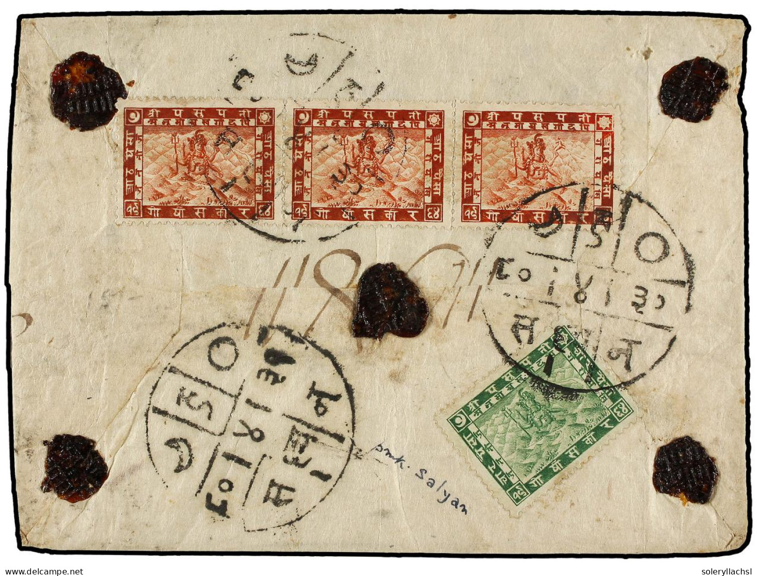 NEPAL. 1923 (August). SALYAN To KATHMANDU. Registered Double-weight Cover Franked With 4 Pice Green And Strip Of Three 8 - Other & Unclassified