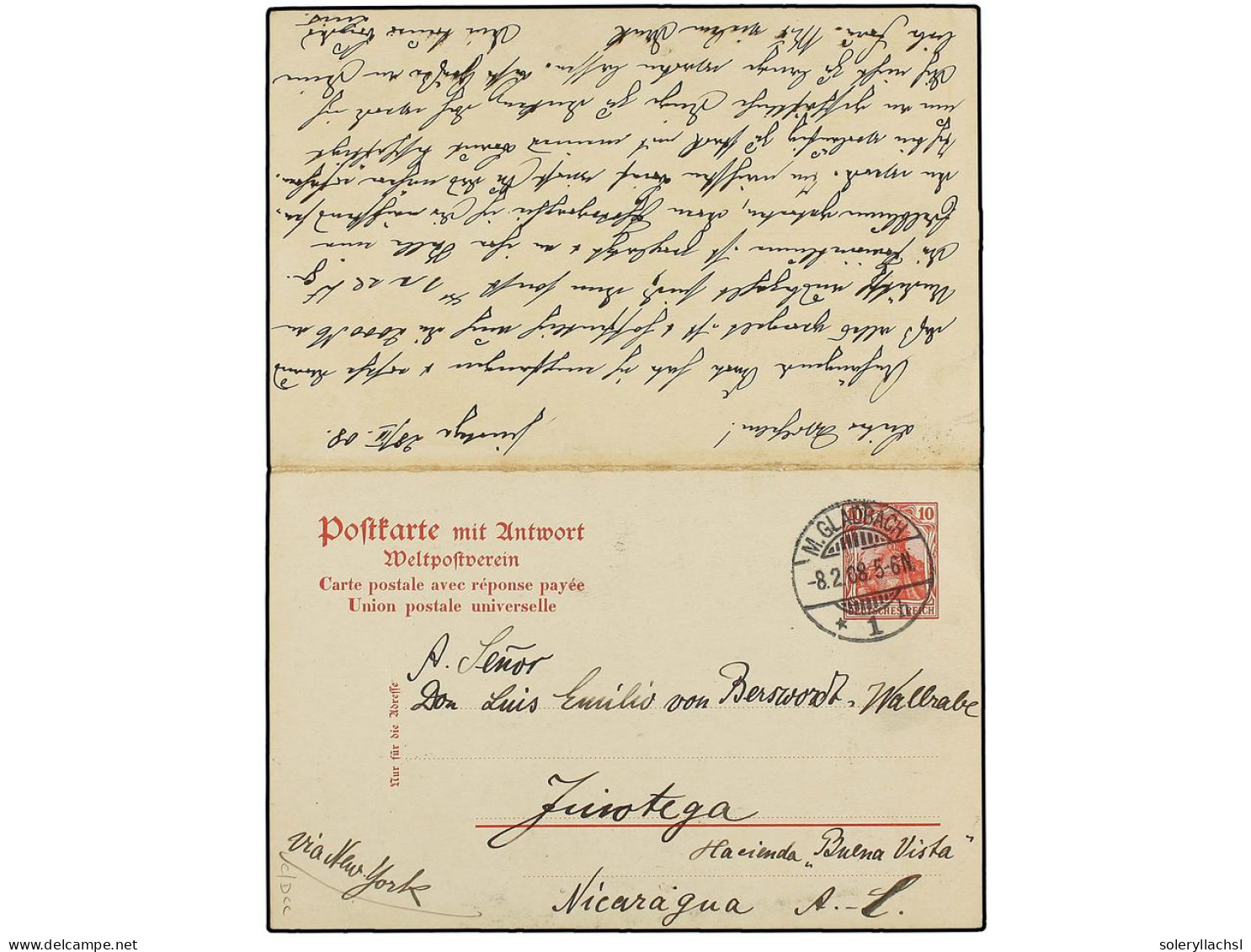 NICARAGUA. 1908. Intact 10pf. + 10pf. Postal Stationery Card To JINOTEGA, Nicaragua, Cancelled M. GLADBACH. Routed Via N - Other & Unclassified