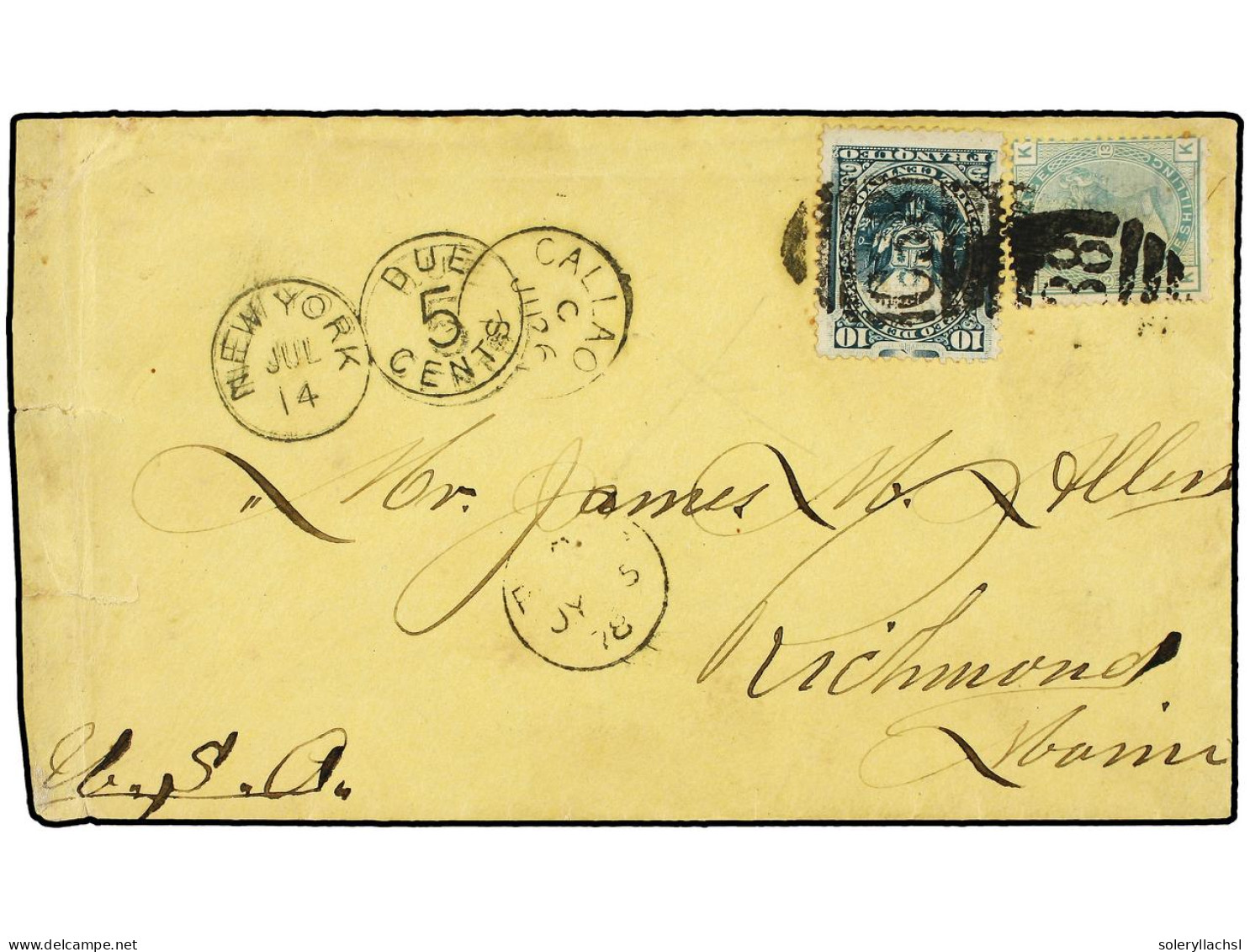 PERU. 1878. CALLAO A RICHMOND (Usa). Circulada Con Sello De Perú De 10 Cts. Verde Y Sello Británico De 1 Sh. Verde, Pl.  - Other & Unclassified