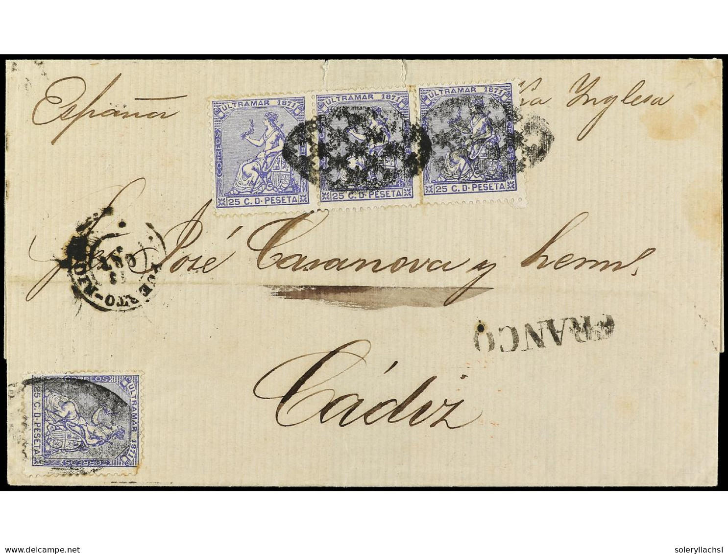 PUERTO RICO. 1872. SAN JUAN A CADIZ. 25 Cts. Ultramar (4), Un Sello Defecto En Origen. Circulada Vía El Correo Inglés, F - Other & Unclassified