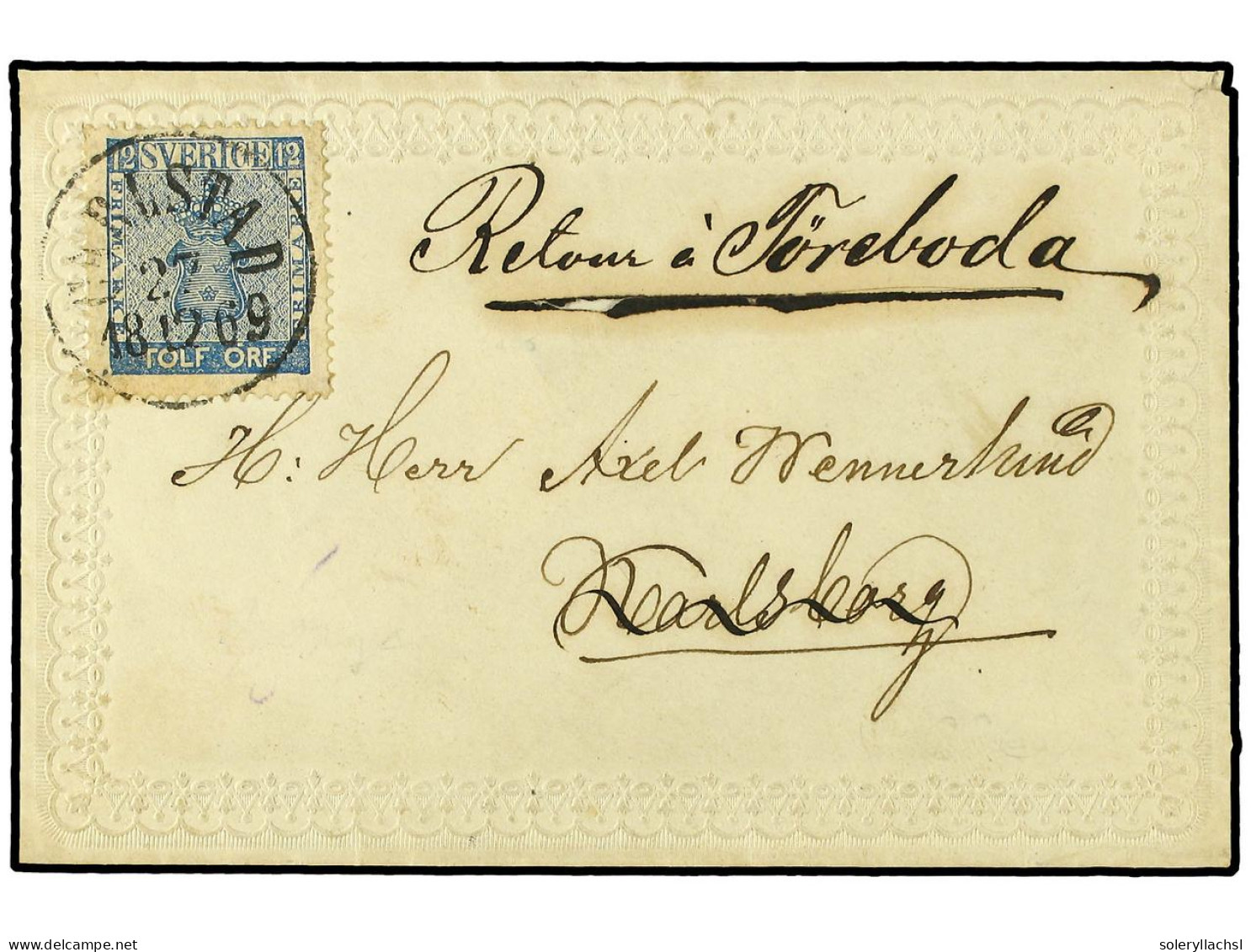 SUECIA. 1869 (Dec 27). Delightful Ladies's Envelope To Karlborg Franked By 1858-62 12ö Ultramarine Tied By Carlstad Cds. - Sonstige & Ohne Zuordnung