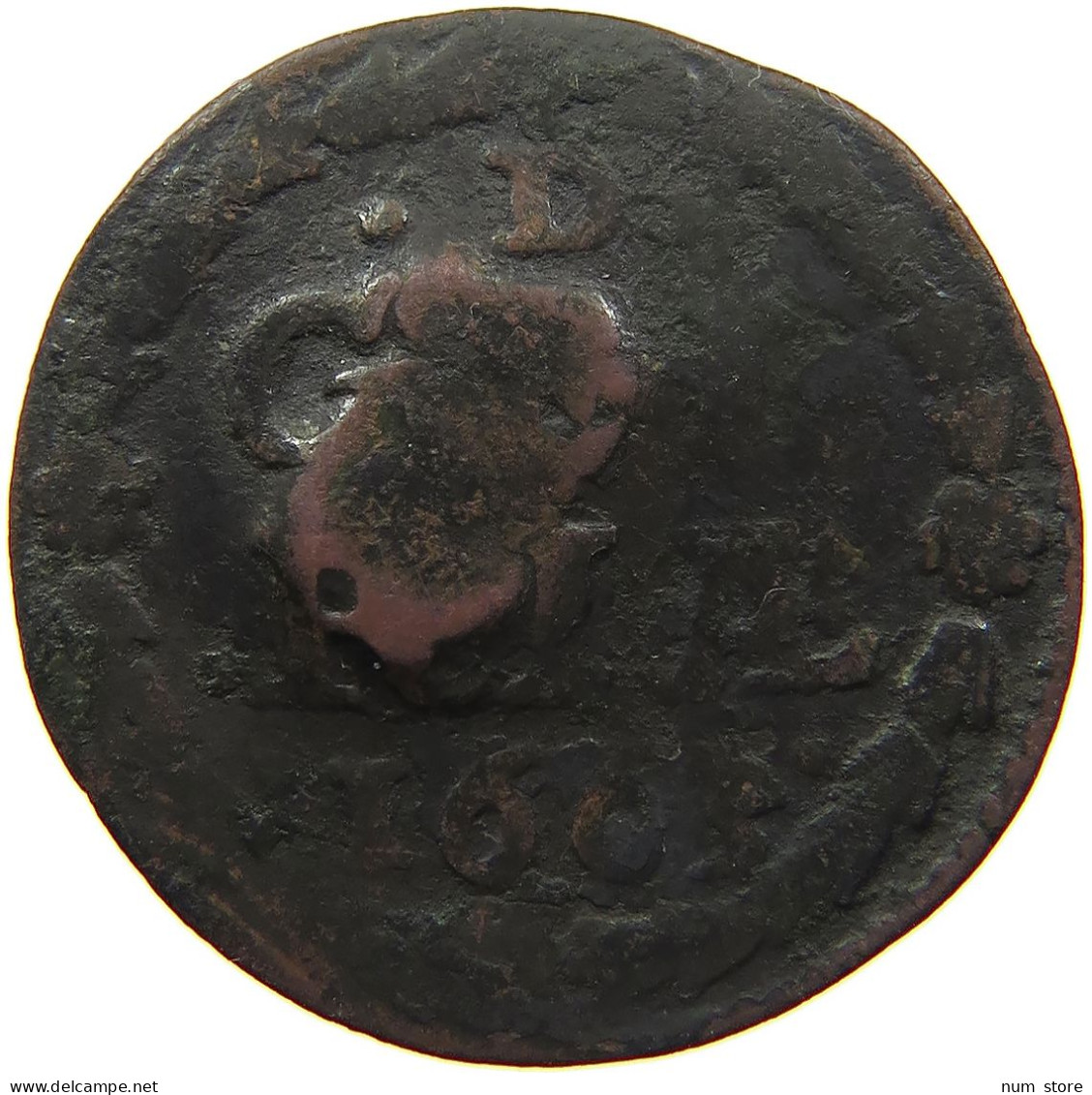 NETHERLANDS GELDERLAND DUIT 1665 COUNTERMARKED M #t027 0457 - Monete Provinciali