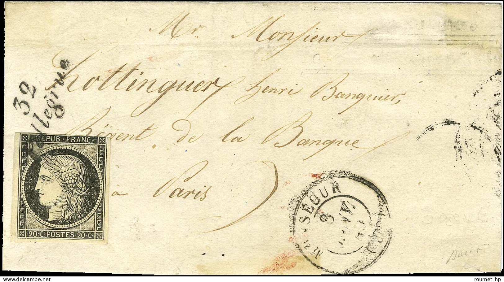 Cursive 32 / Pellegrue / N° 3 (def) Càd T 15 MONTSEGUR (30) 8 JANV. 49 Sur Lettre Pour Paris. Au Verso, Càd D'arrivée 11 - 1849-1850 Cérès