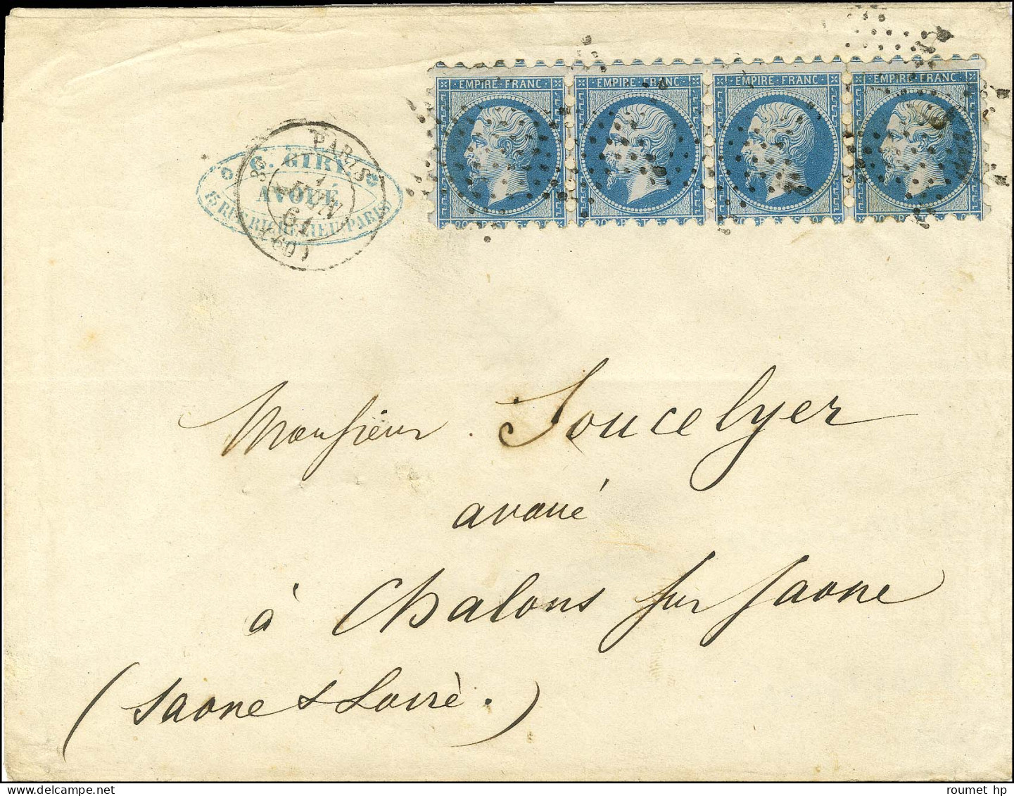 Etoile / N° 14 Type 2 Bande De 4 Avec Piquage Susse Càd PARIS (60) Sur Lettre 3 Ports Pour Chalons Sur Saone. 1861. - TB - 1853-1860 Napoléon III