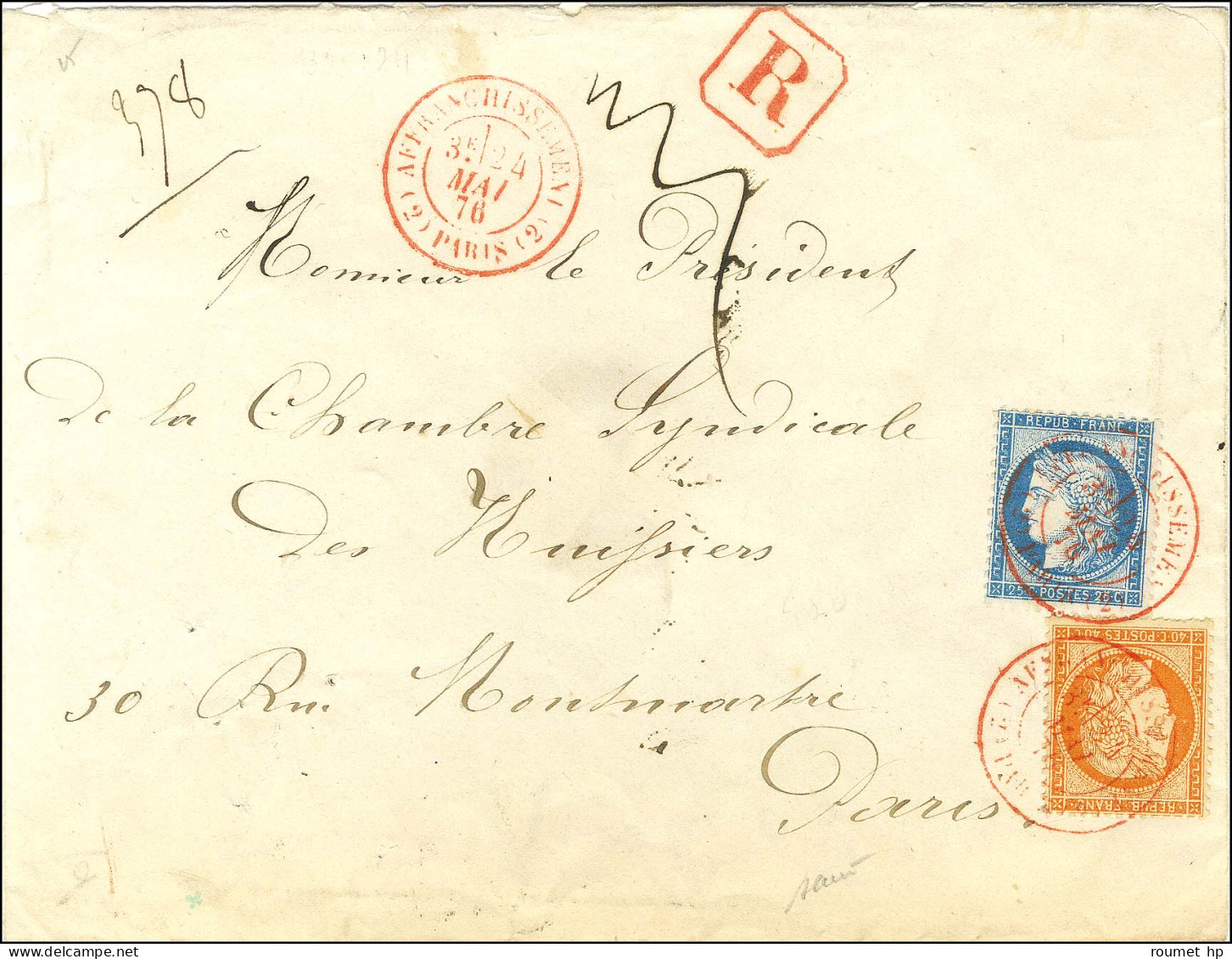 Càd Rouge (2) AFFRANCHISSEMENT (2) / PARIS / N° 38 + 60 Sur Lettre Recommandée Adressée Localement. 1876. - SUP. - R. - 1870 Belagerung Von Paris