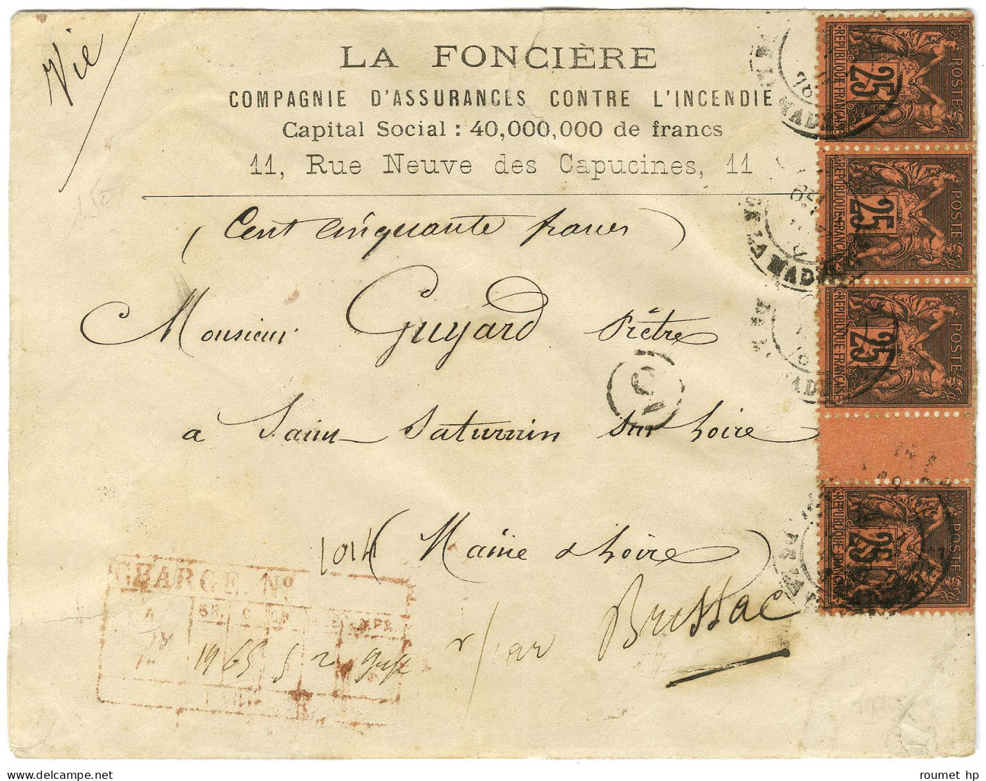 Càd PARIS / PL. DE LA MADELEINE / N° 91 Bande De 4 Avec Interpanneau Sur Lettre Chargée Pour Brissac. 1878. - TB / SUP. - 1876-1878 Sage (Typ I)