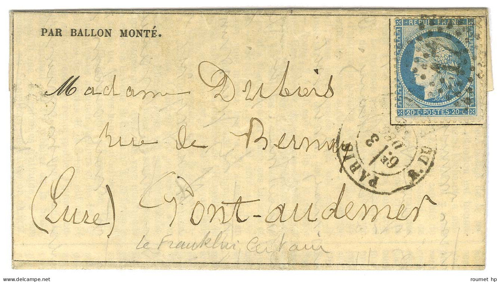 Etoile 17 / N° 37 Càd PARIS / R. DU PONT NEUF 3 DEC. 70 Sur Gazette Des Absents N° 13 Pour Pont-Audemer. Au Verso, Càd D - Krieg 1870