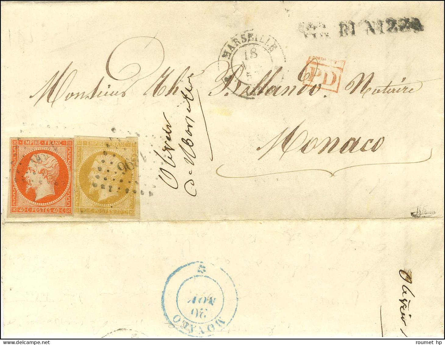 PC 1896 / N° 13 + 16 Càd T 15 MARSEILLE (12) Sur Lettre Avec Texte Adressée à Monaco. Au Recto, Griffe VIA DI NIZZA. Au  - 1849-1876: Klassik