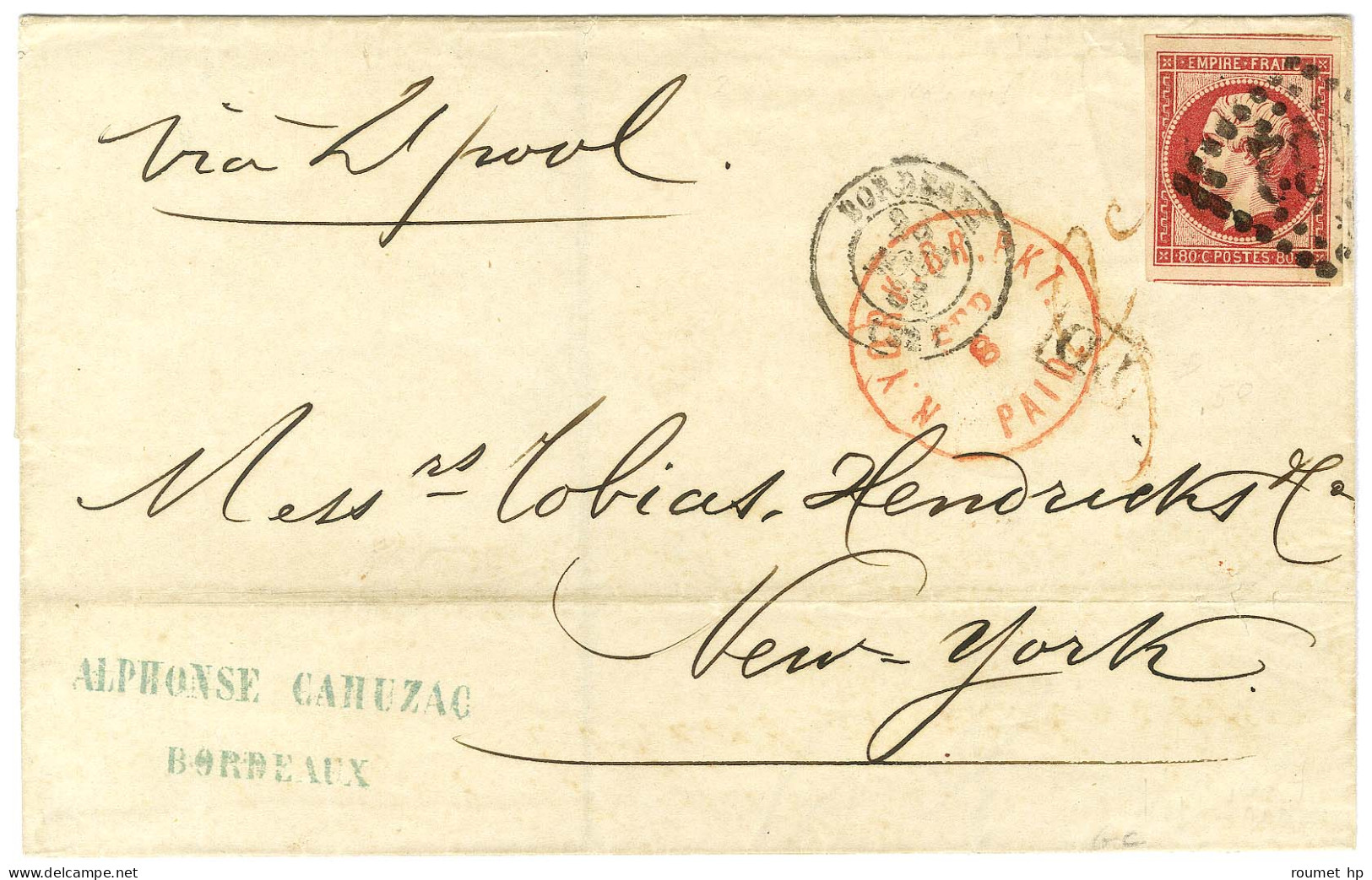 GC 532 / N° 17 Superbes Marges Càd T 15 BORDEAUX (32) Sur Lettre Pour New York. Au Recto, Taxe Tampon 3c Rouge Pour La R - 1849-1876: Période Classique