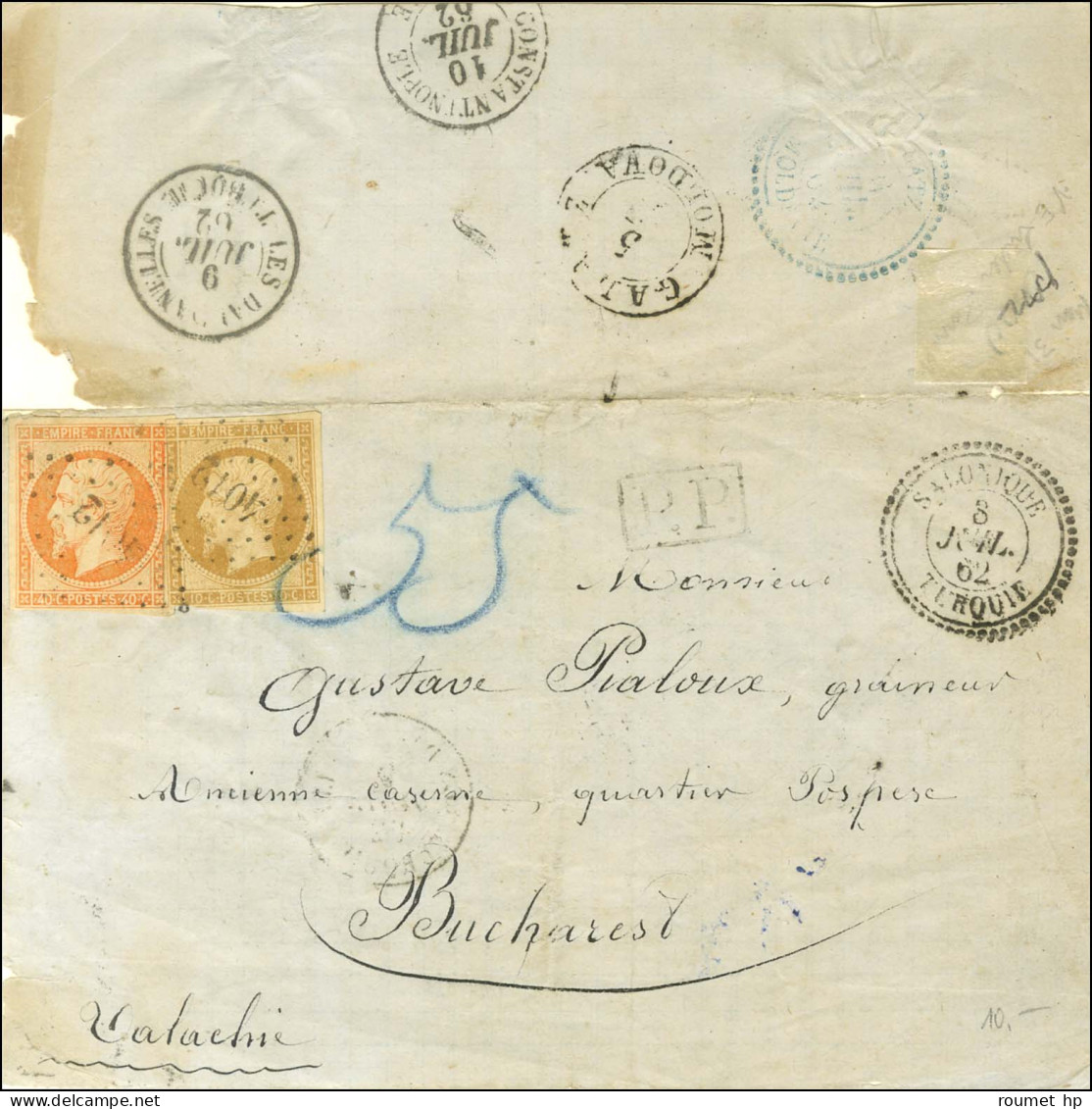 PC 4012 / N° 13 (pd) + N° 16 Càd SALONIQUE / TURQUIE 8 JUIL. 62 Sur Lettre Incomplète Pour Bucarest Valachie. Au Recto,  - Poste Maritime