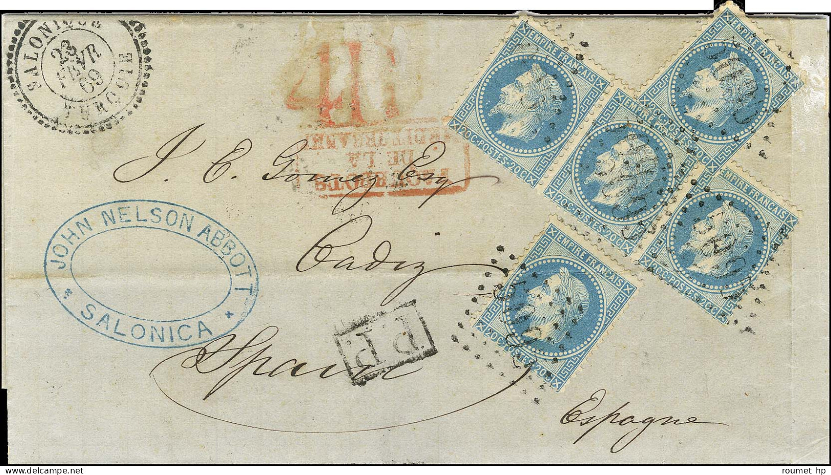 GC 5095 / N° 29 (5) Càd SALONIQUE / TURQUIE Sur Lettre Pour Cadix. Au Recto, Taxe 4R Rouge. 1869. - TB / SUP. - R. - Poste Maritime