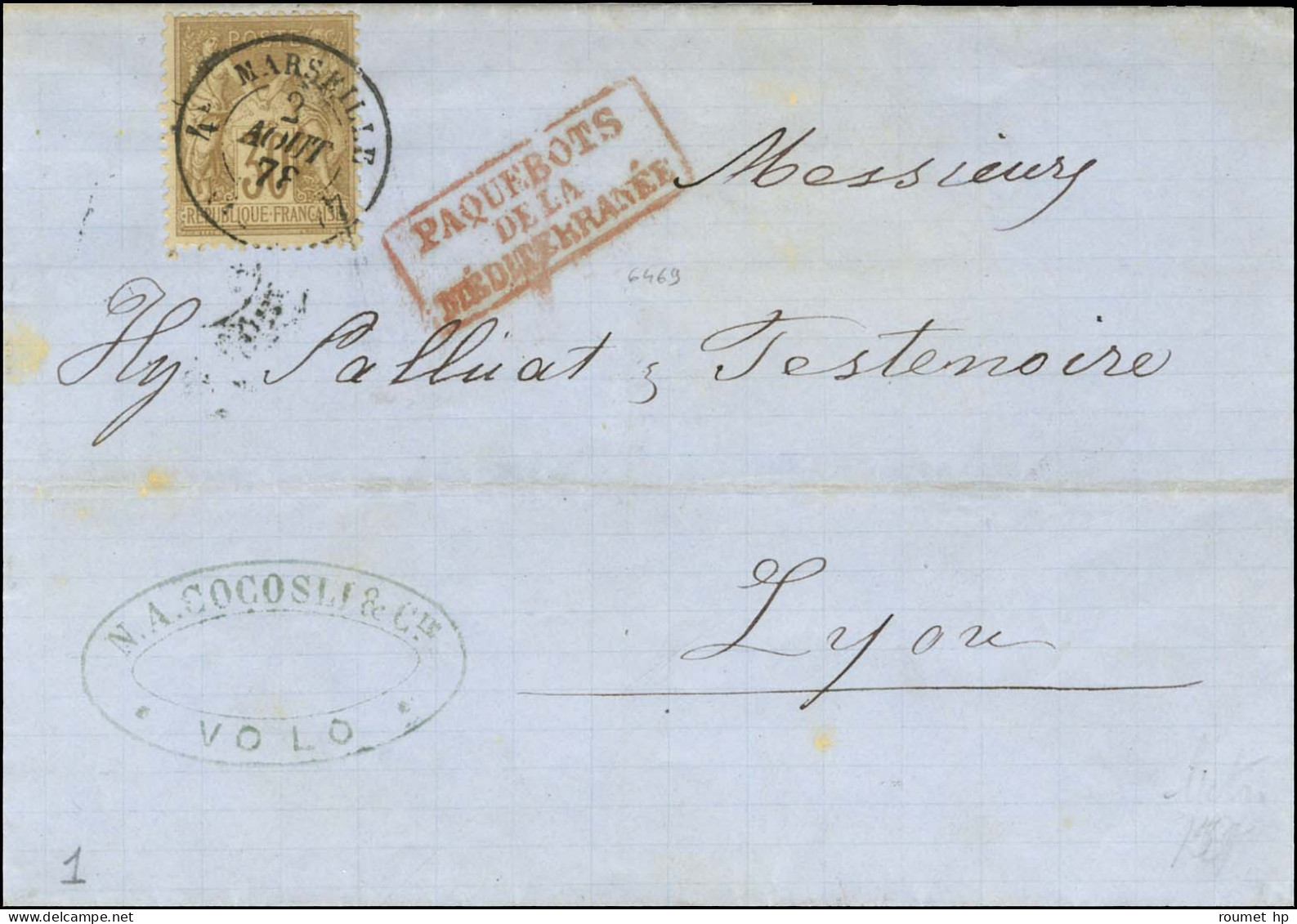 Lettre Datée De Volo Le 25 Juillet 1878 Pour Lyon. Au Recto, Càd 4 MARSEILLE 4 (12) / N° 69 Apposé Au Débarquement. - TB - Schiffspost