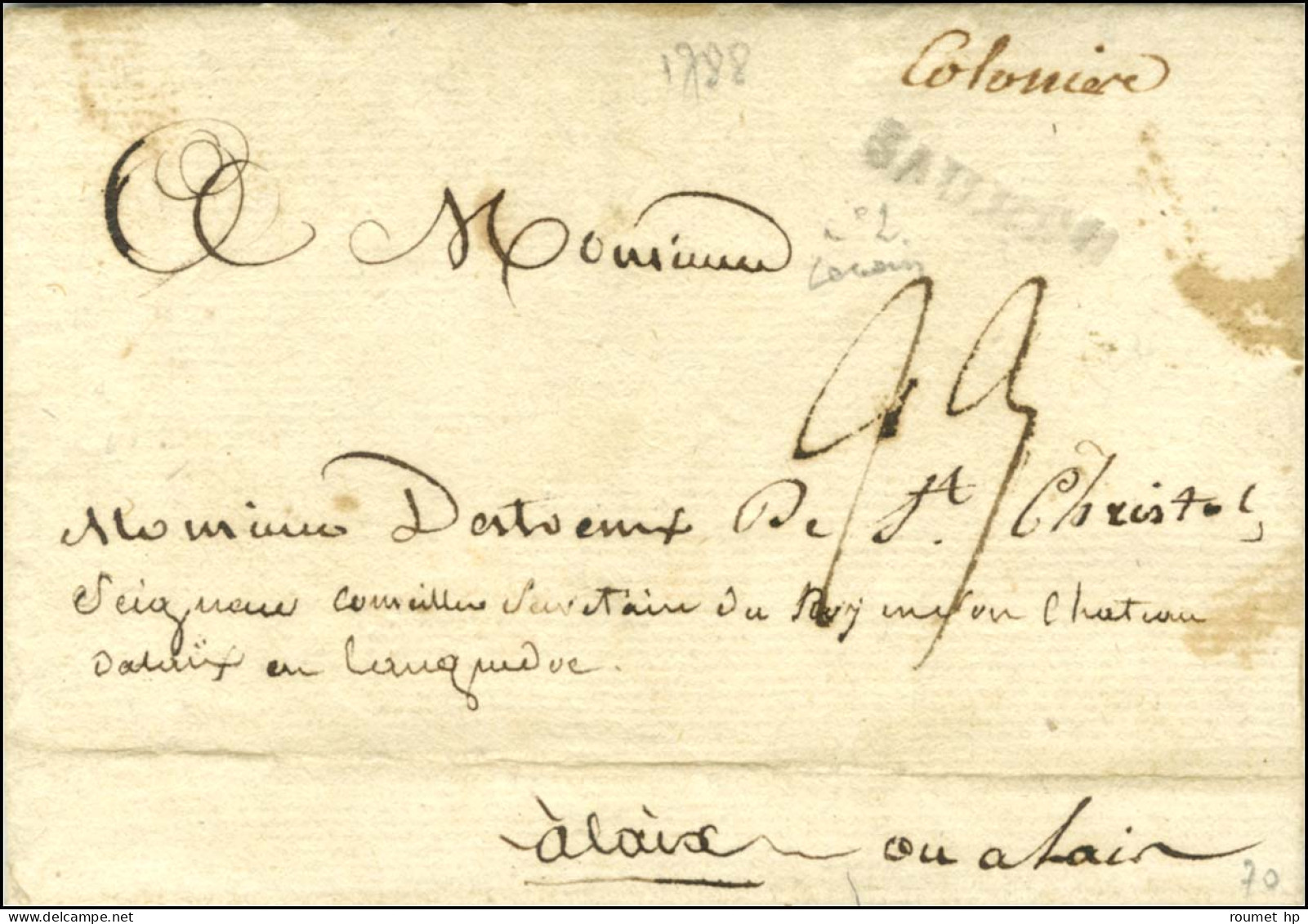 Lettre Avec Texte Daté De Marmelade Le 5 Avril 1788 Pour Aix. Au Recto, Marque Postale D'entrée '' Colonies '' + SAUJON  - Marques D'entrées