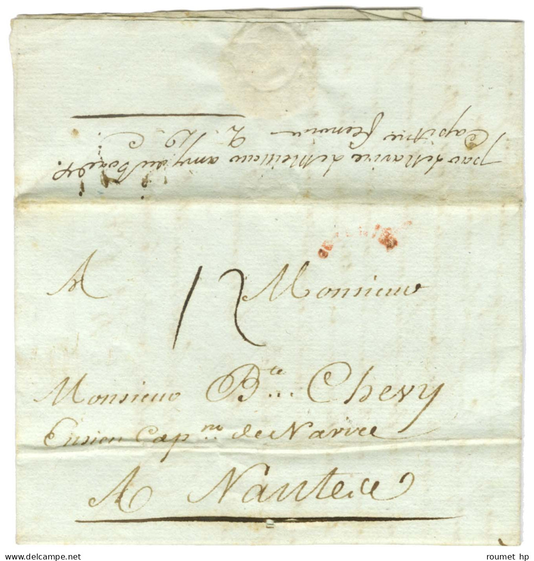 Lettre Avec Texte Daté De 1er Juin 1784 Pour Nantes. Au Recto, Marque Postale D'entrée Rouge Cintrée COLONIES. Au Verso, - Marques D'entrées