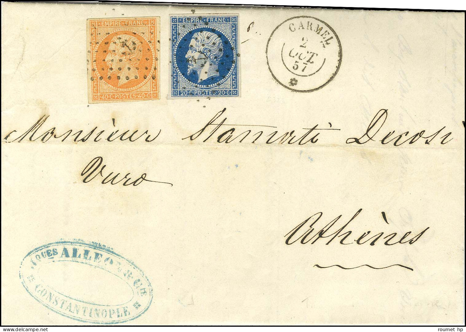 Ancre / N° 14 + 16 2 Ex Belles Marges Càd CARMEL / * Sur Lettre De Constantinople Pour Athènes. 1857. - SUP. - R. - Maritieme Post