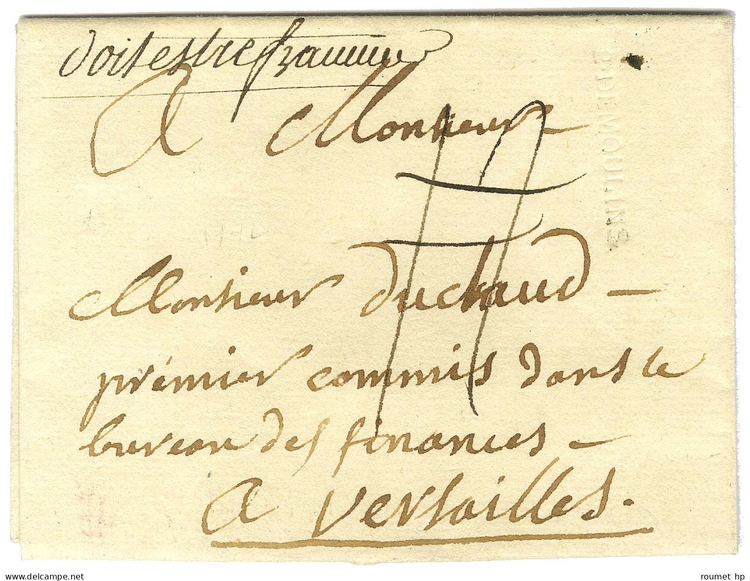 B. DE MOULINS (L N° 19A) Sur Lettre Sans Texte Et En-tête Datée De Bourbon Le 31 Mai 1772 Pour Versailles, Détaxée. Au R - Lettres Civiles En Franchise