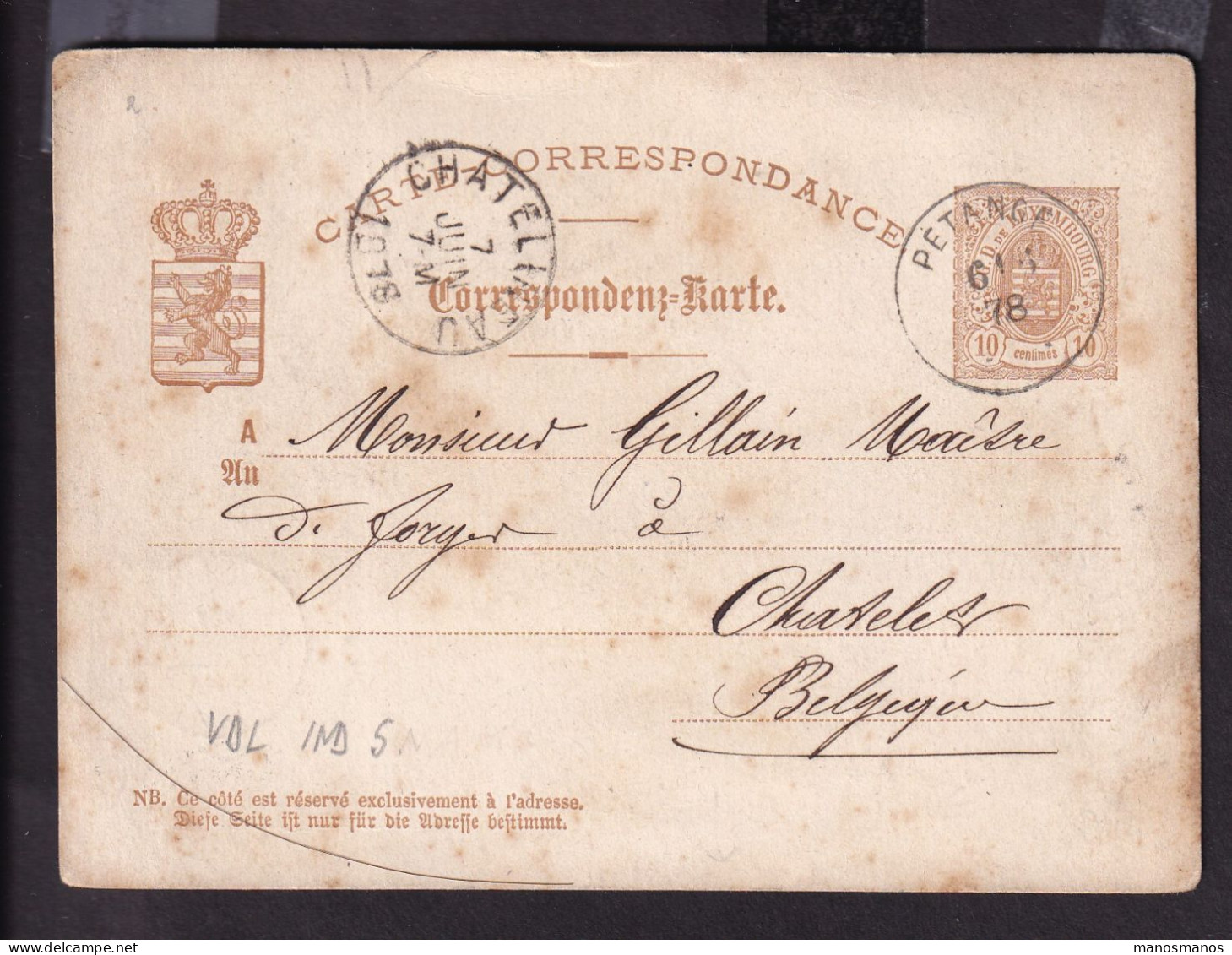 DDFF 526 - Entier Postal Luxembourg PETANGE 1878 Vers CHATELET - Marque D'échange Belge LUXEMBOURG PAR NAMUR - Grenzübergangsstellen