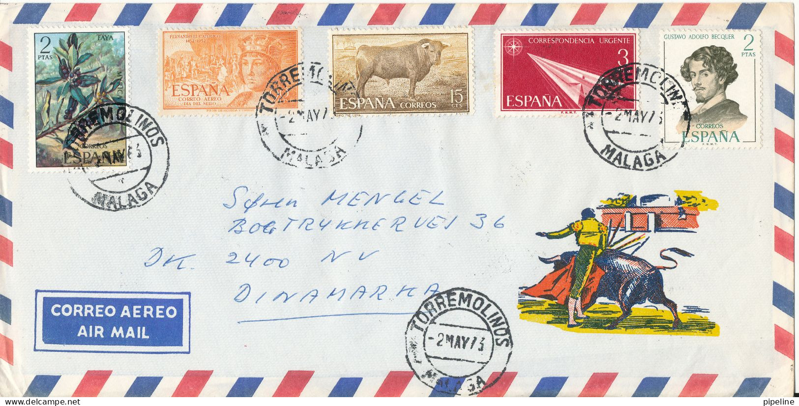 Spain Air Mail Cover Sent To Denmark Torremolinos Malaga 2-5-1973 Topic Stamps - Brieven En Documenten