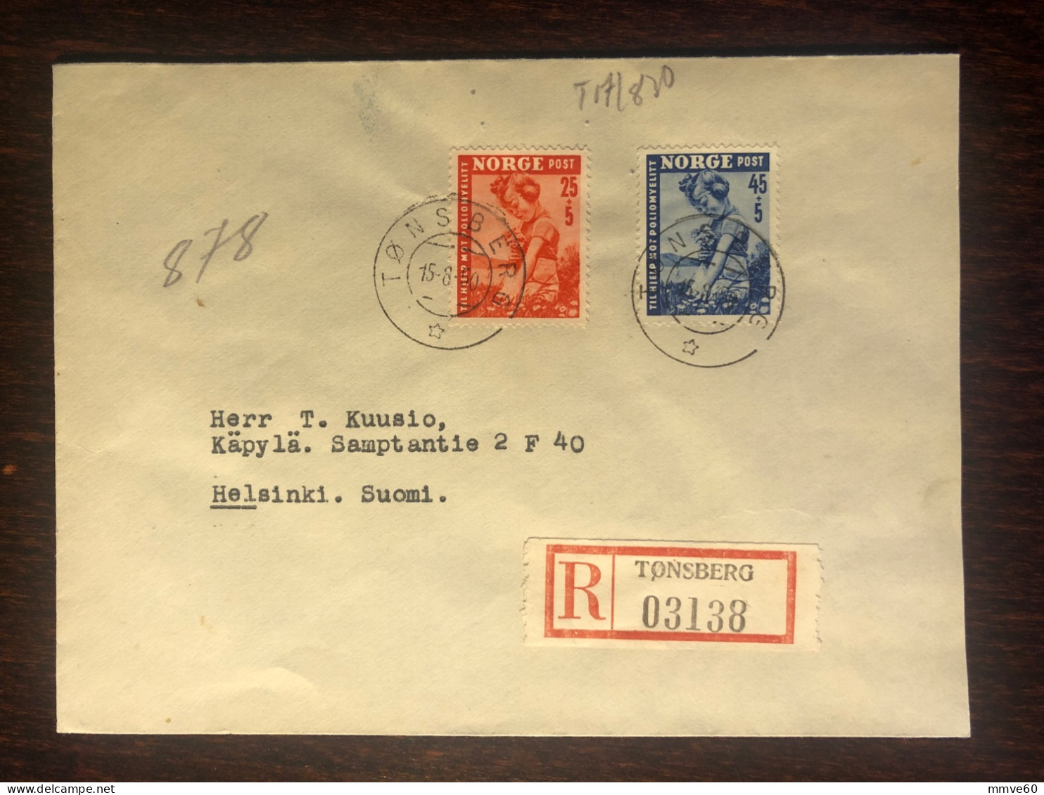 NORWAY FDC TRAVELLED COVER REGISTERED LETTER TO FINLAND 1950 YEAR POLIO HEALTH MEDICINE - Briefe U. Dokumente