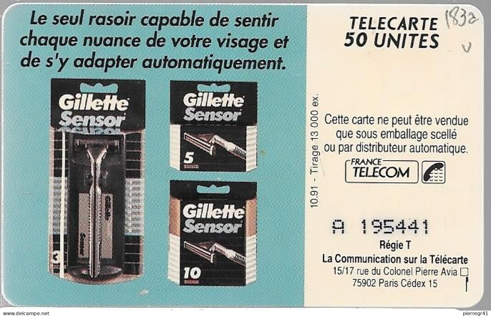 CARTE-PUCE-PRIVEE-PUBLIC-50U-EN183a-SO3-10/91-GILLETTE SENSOR-N°0593--R° Mat--V°PN° A 195441-Utilisé-TBE/RARE - 50 Units