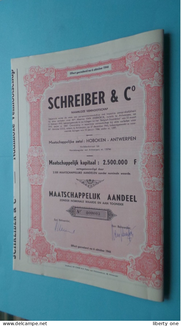 SCHREIBER & C° N.V. - Maatschappelijk AANDEEL - N° 000003 ( Hoboken Antwerpen ) Na 6/10/1944 ! - S - V