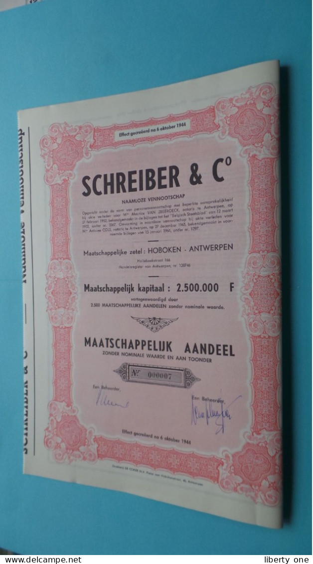 SCHREIBER & C° N.V. - Maatschappelijk AANDEEL - N° 000007 ( Hoboken Antwerpen ) Na 6/10/1944 ! - S - V