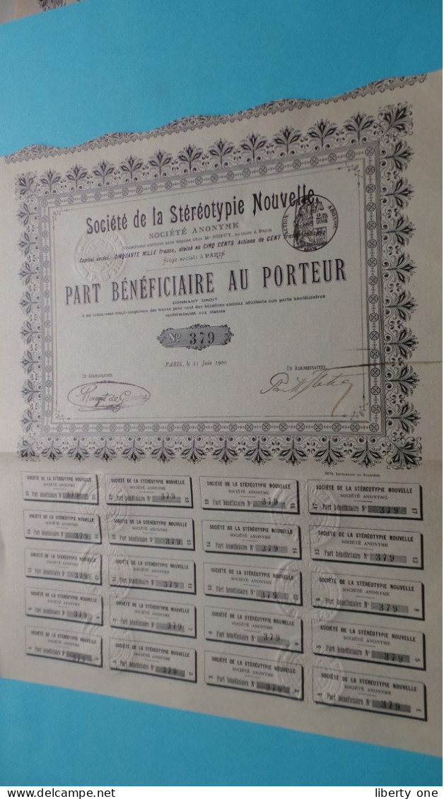 Société De La Stéréotypie NOUVELLE S.a. PARIS - Part Bénéficiaire Au Porteur > Nos 379 (1900) 1 Pc.! - S - V