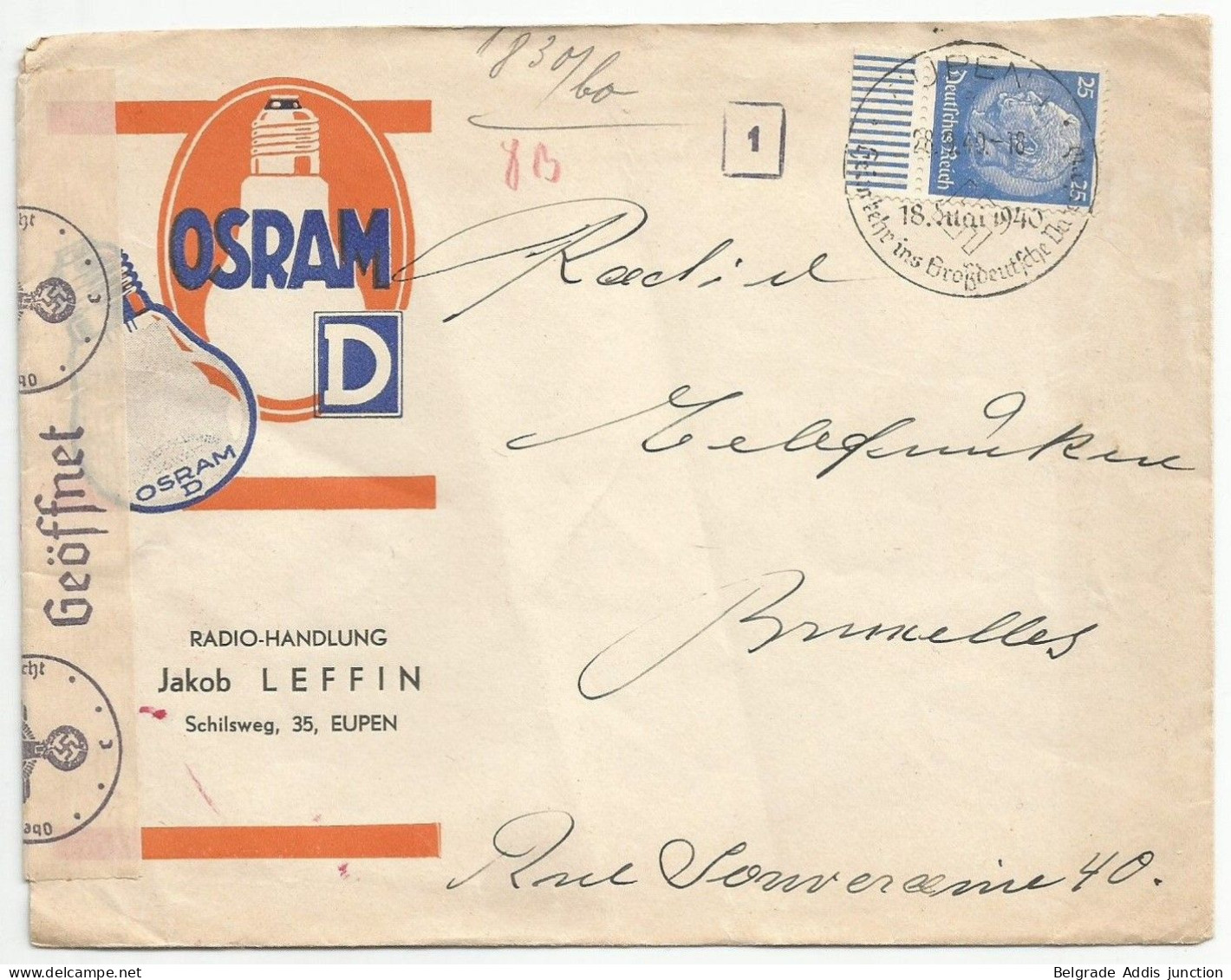 Belgique Belgien Occupation Eupen Deutsche Besetzung DR 1940 Lettre Censure Censored Cover - WW II (Covers & Documents)